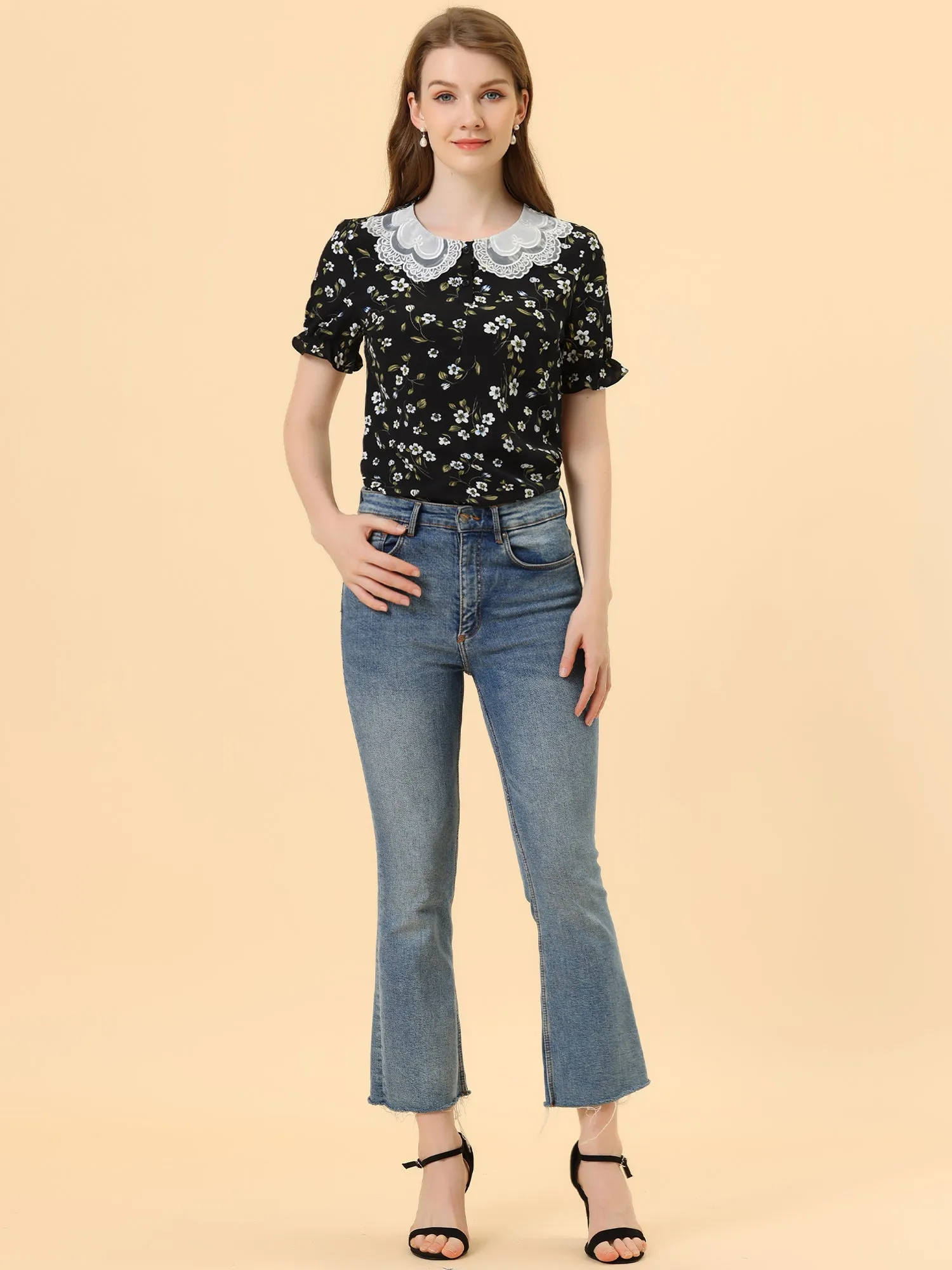 Floral Vintage Ruffled Short Sleeve Peter Pan Blouse sold by Allegra K product image thumbnail 2