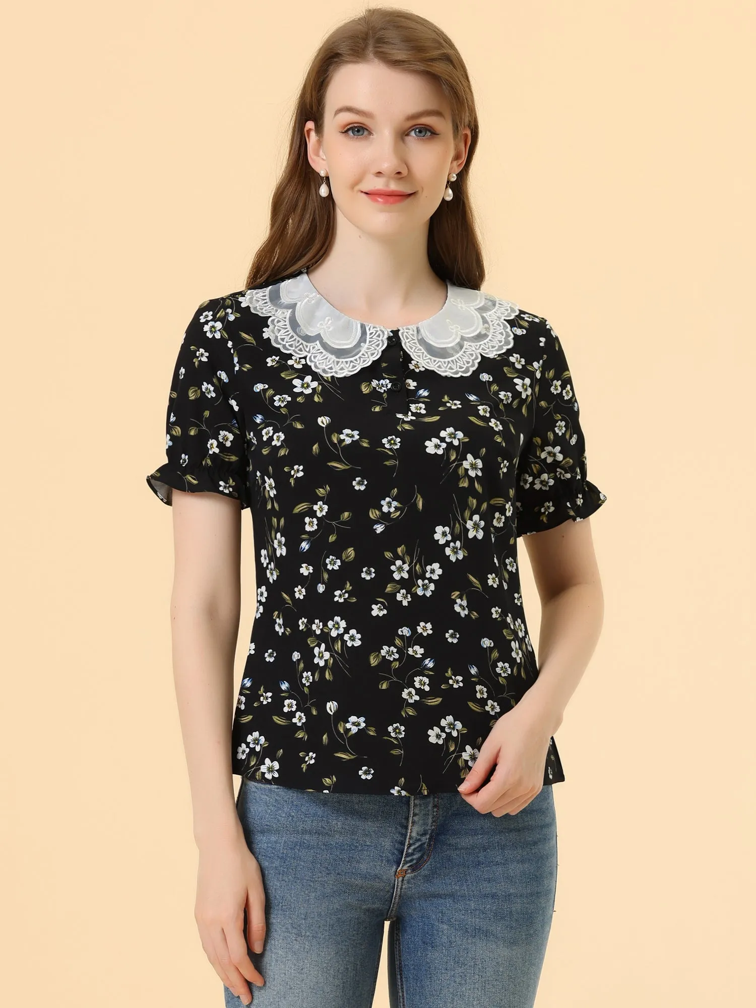 Floral Vintage Ruffled Short Sleeve Peter Pan Blouse sold by Allegra K product image thumbnail 3