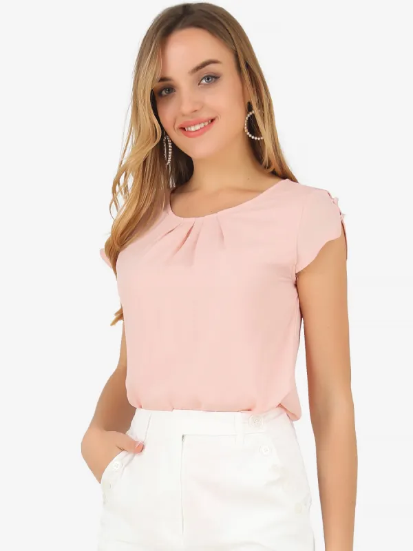 Pleated Chiffon Short Sleeve Casual Work Office Blouse sold by Allegra K