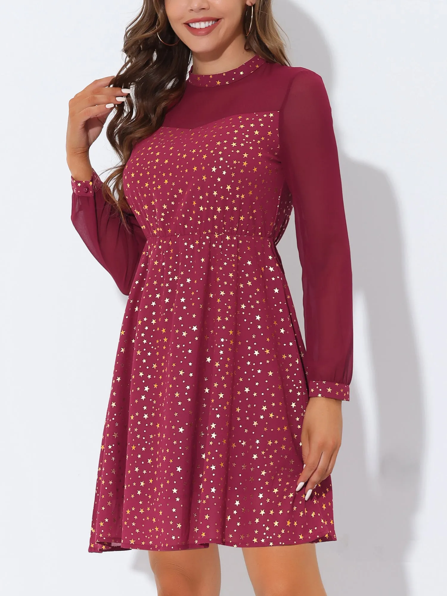 Mock Neck Sheer Vintage Flared Gilding Metallic Shiny Star Party Dress sold by Allegra K product image thumbnail 3