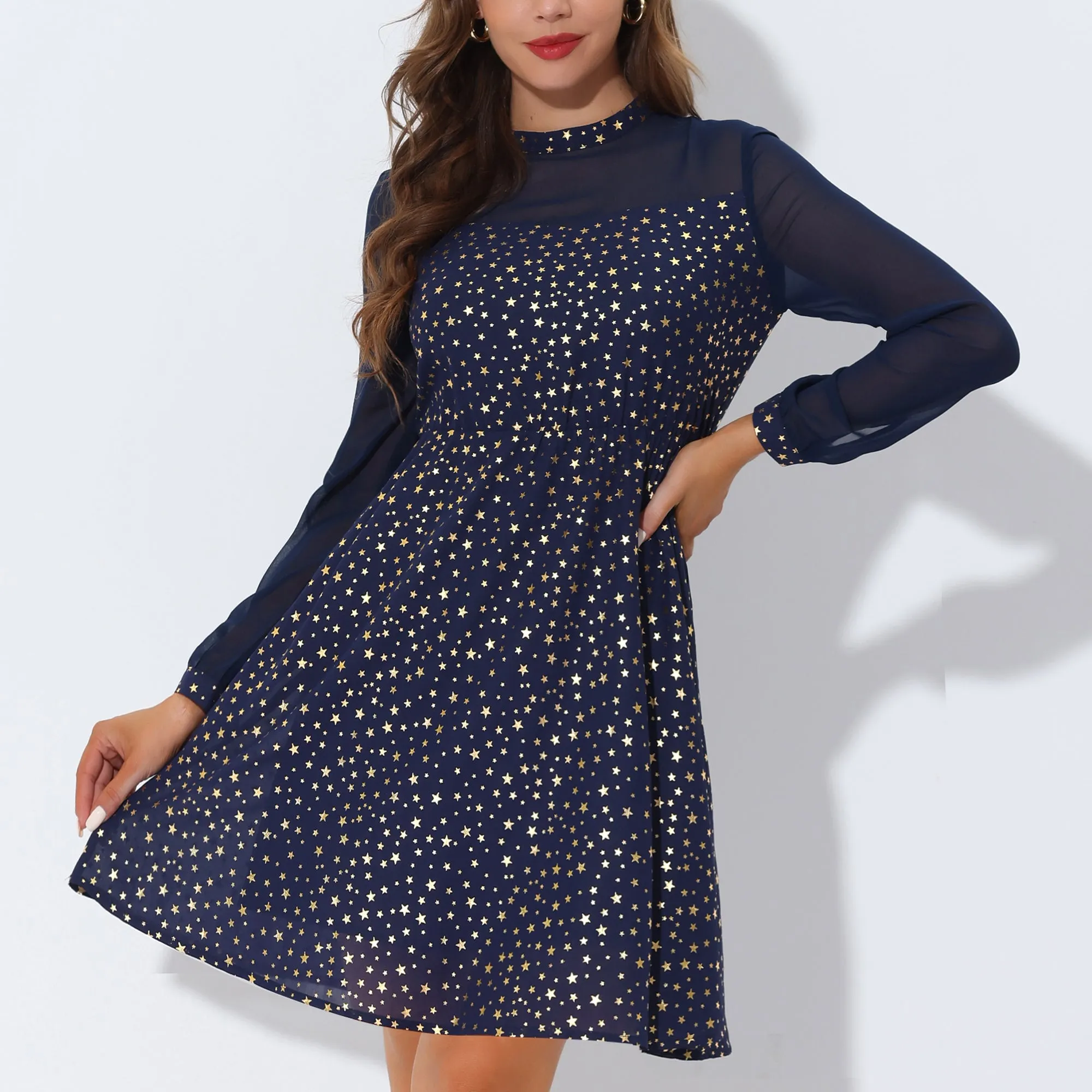 Mock Neck Sheer Vintage Flared Gilding Metallic Shiny Star Party Dress sold by Allegra K product image thumbnail 5