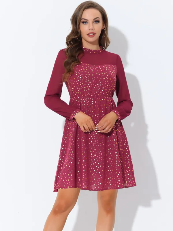 Mock Neck Sheer Vintage Flared Gilding Metallic Shiny Star Party Dress sold by Allegra K