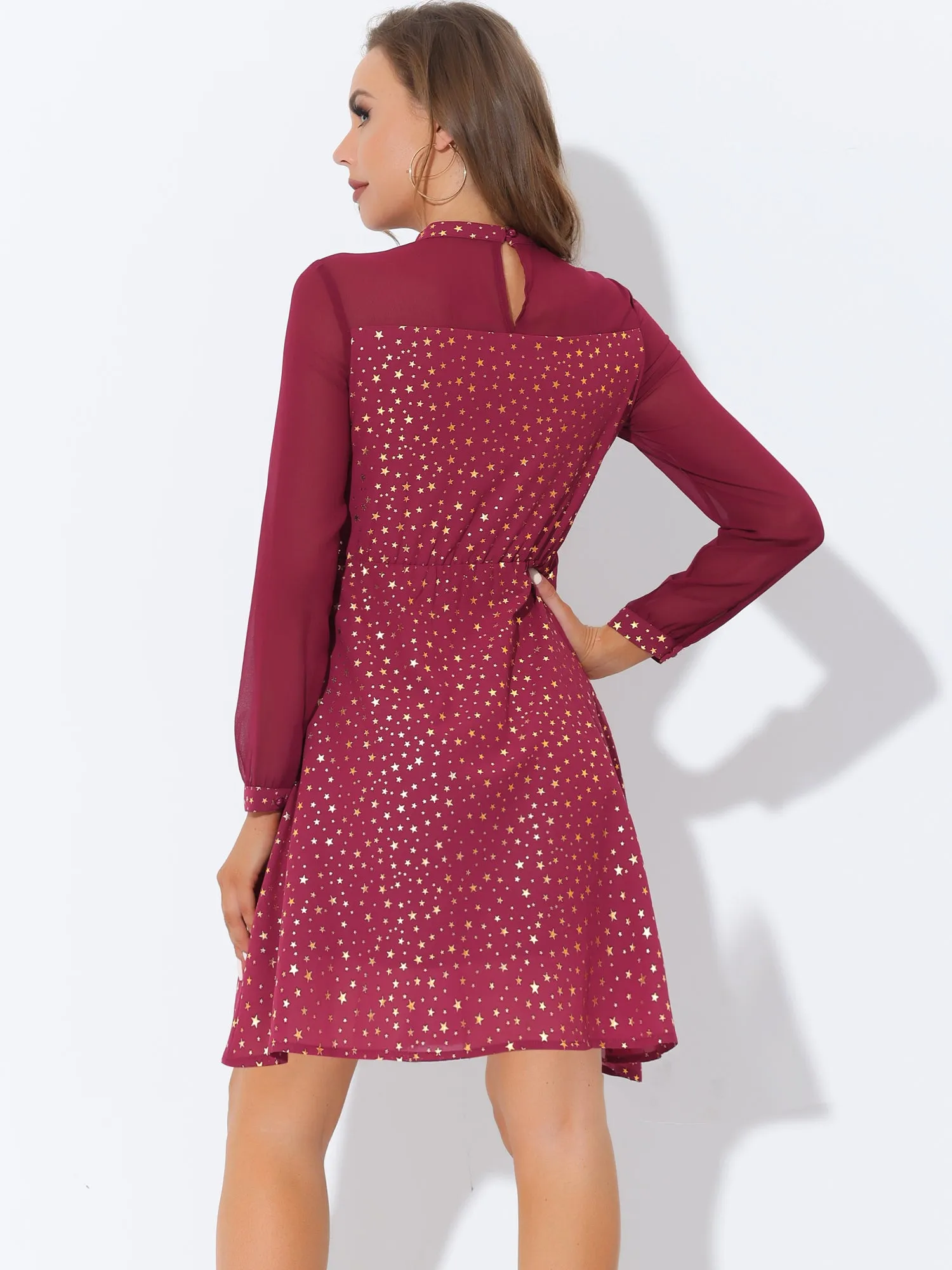 Mock Neck Sheer Vintage Flared Gilding Metallic Shiny Star Party Dress sold by Allegra K product image thumbnail 2