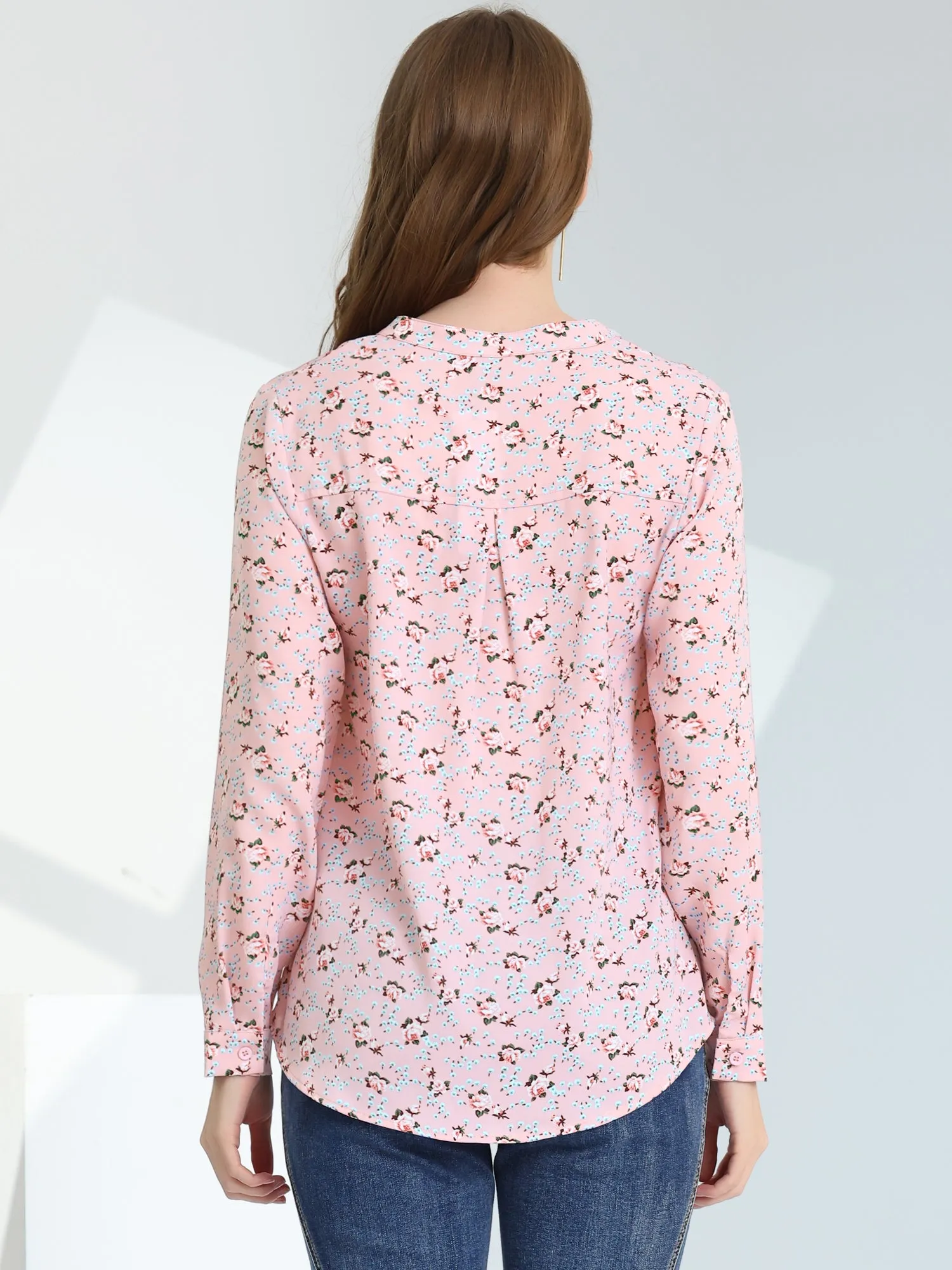 Chiffon Floral Tops V Neck Long Sleeve Button-Up Blouse Shirt sold by Allegra K product image thumbnail 4