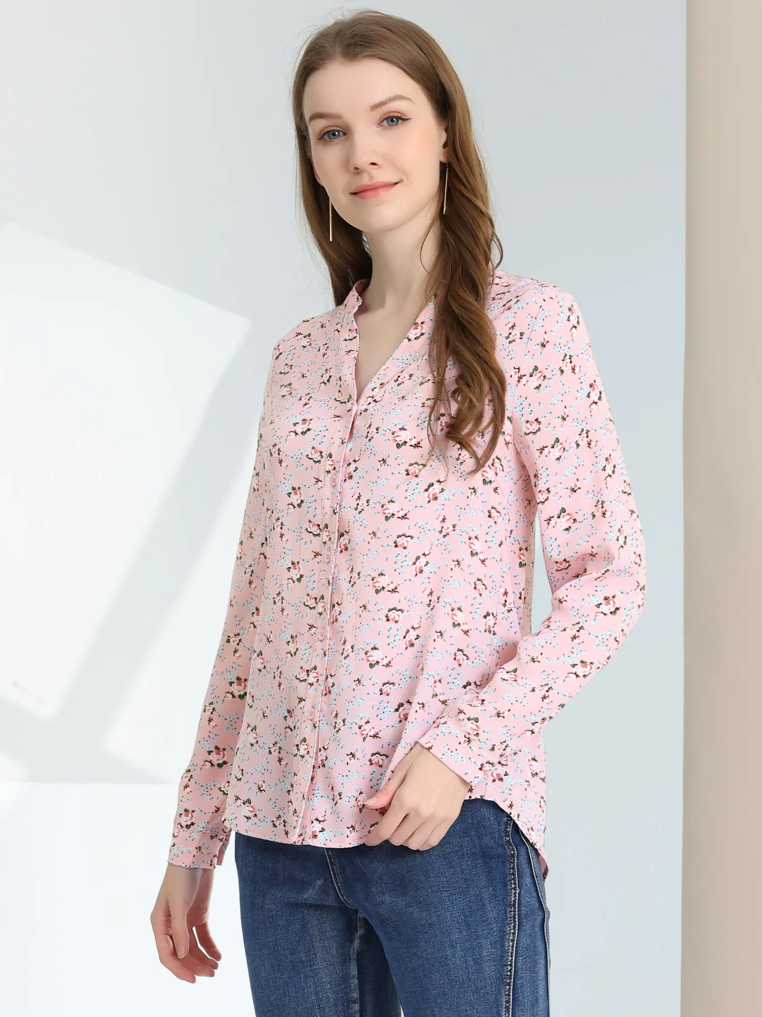 Chiffon Floral Tops V Neck Long Sleeve Button-Up Blouse Shirt sold by Allegra K product image thumbnail 3