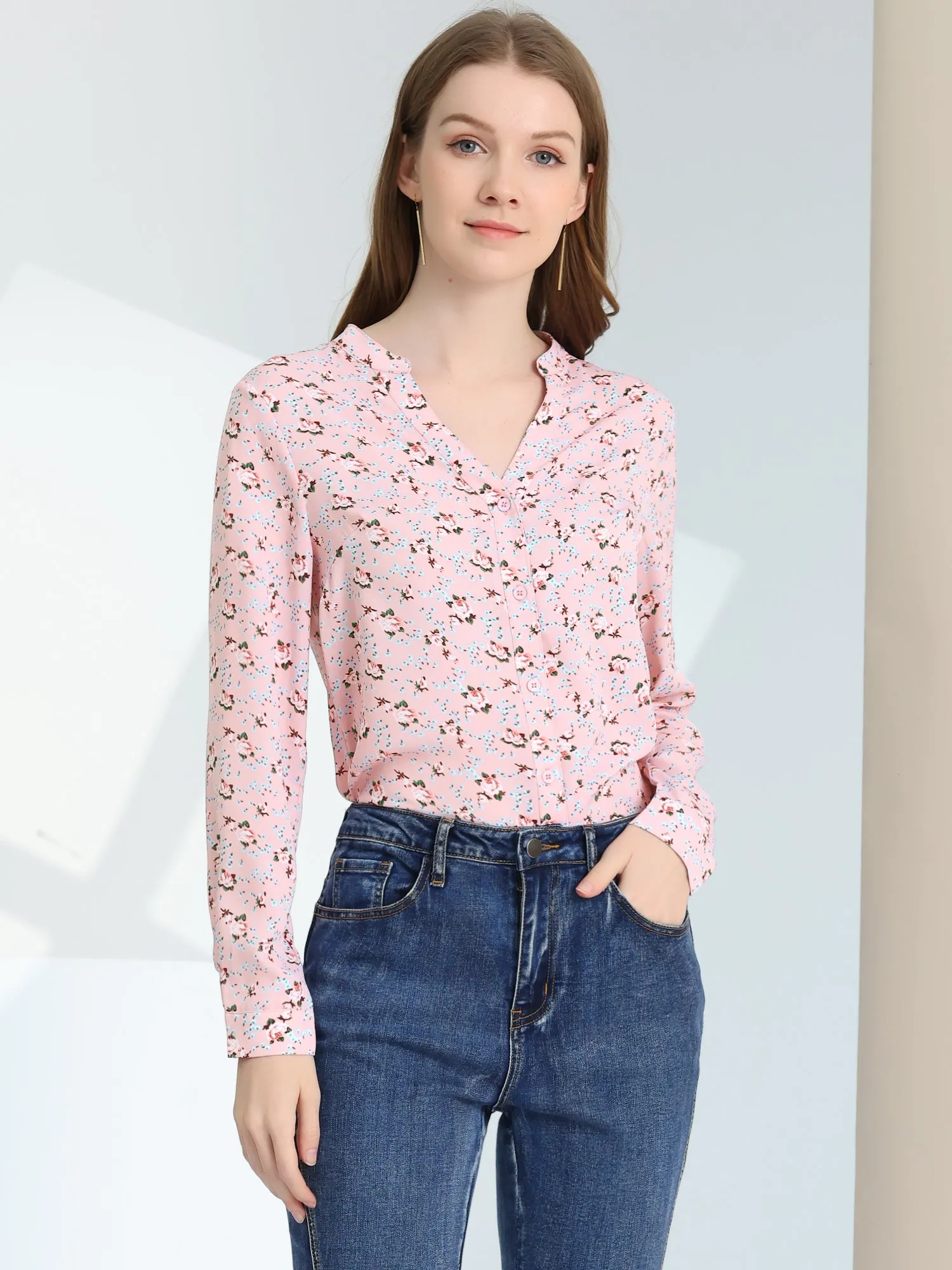 Chiffon Floral Tops V Neck Long Sleeve Button-Up Blouse Shirt sold by Allegra K product image thumbnail 2