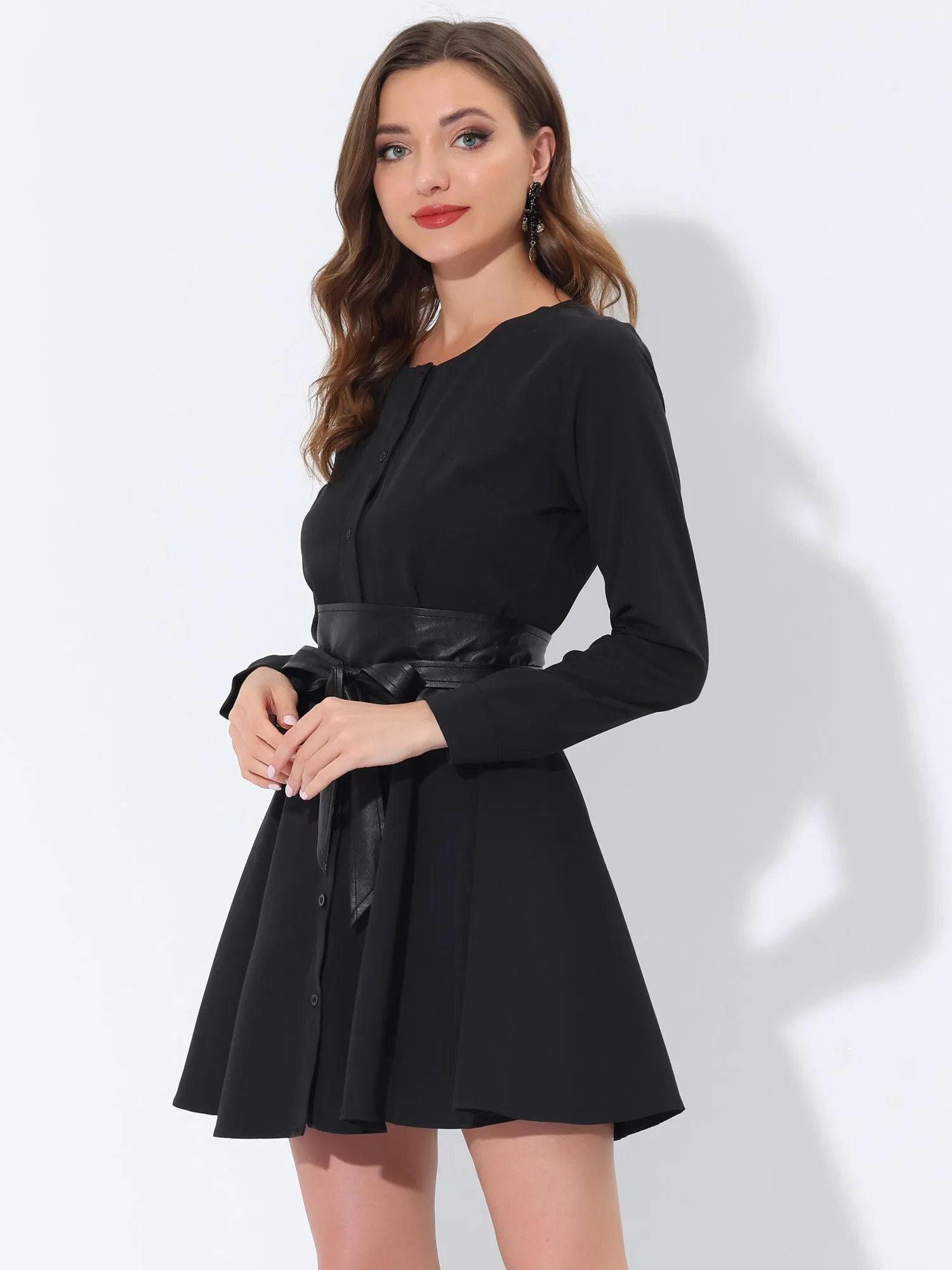 Casual Long Sleeve Round Neck Button Down Belted Shirt Dresses sold by Allegra K product image thumbnail 4