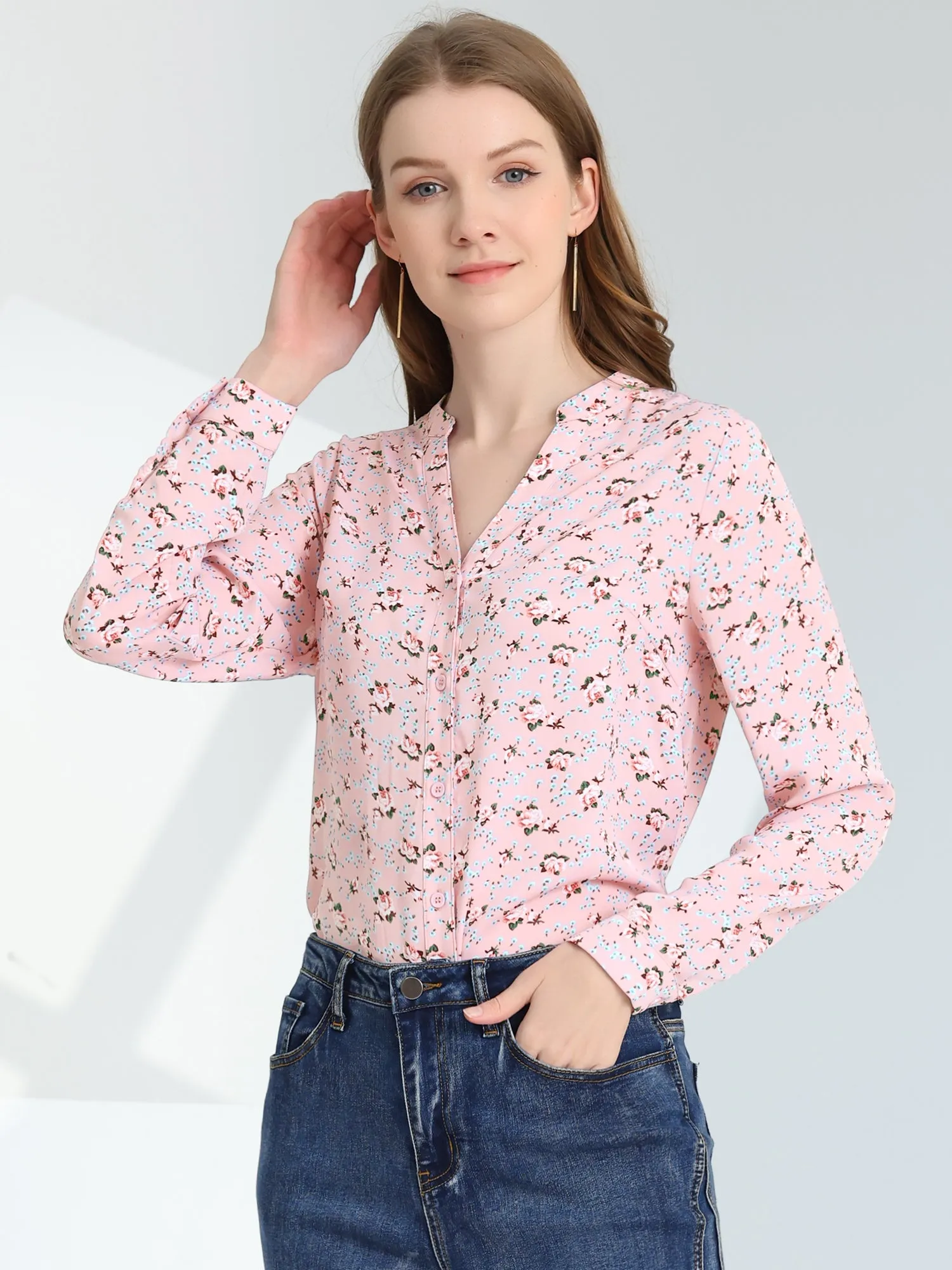 Chiffon Floral Tops V Neck Long Sleeve Button-Up Blouse Shirt sold by Allegra K