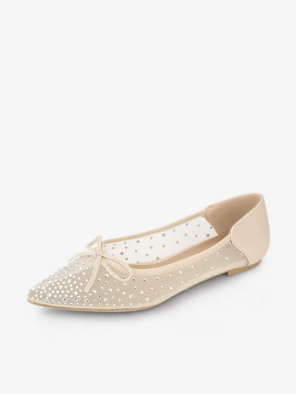 Women's Pointed Toe Bow Rhinestone Mesh Ballerina Flats sold by Allegra K