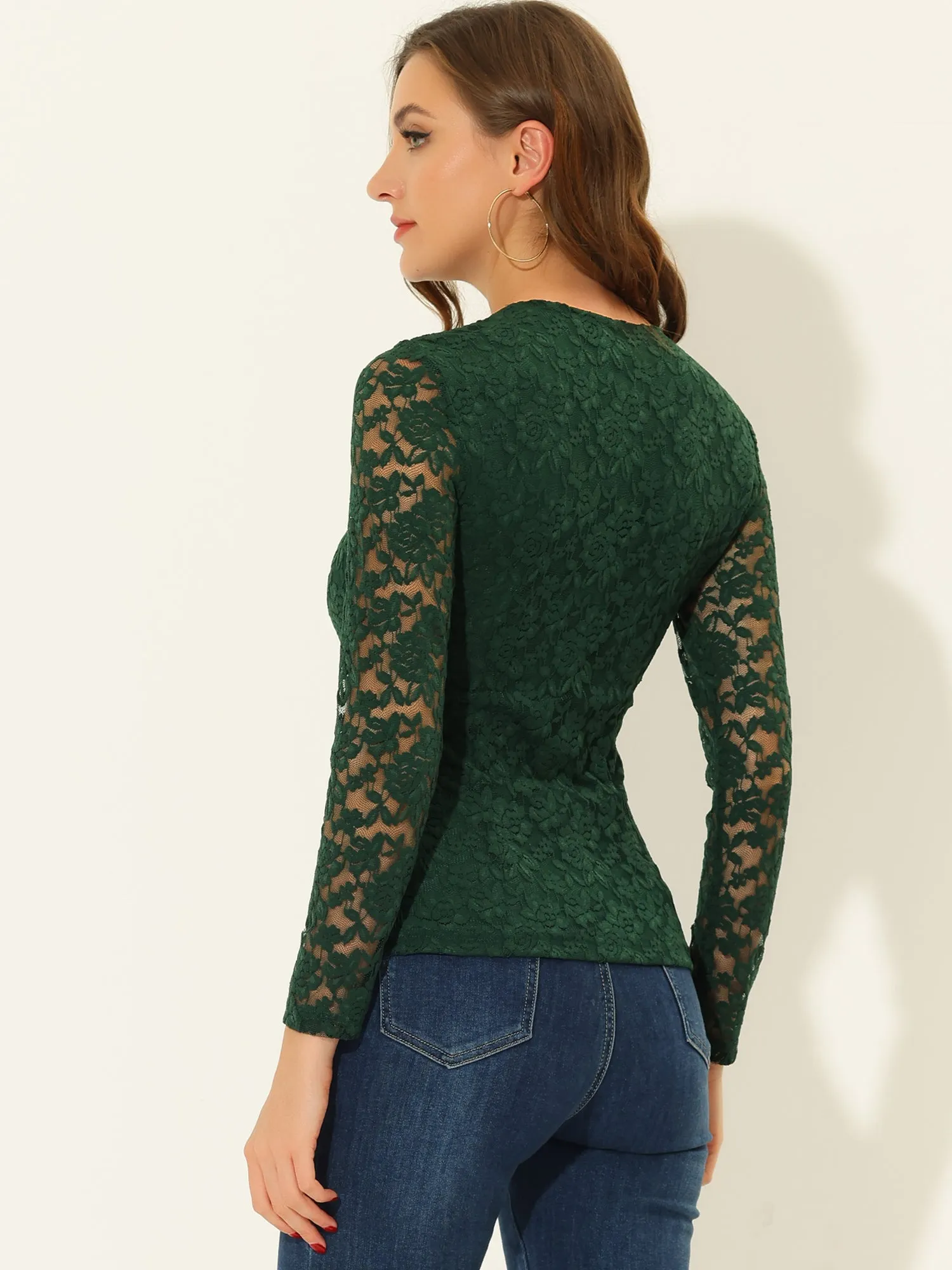 Lace Top V Neck Floral Embroidery Long Sleeve Sheer Blouse sold by Allegra K product image thumbnail 4