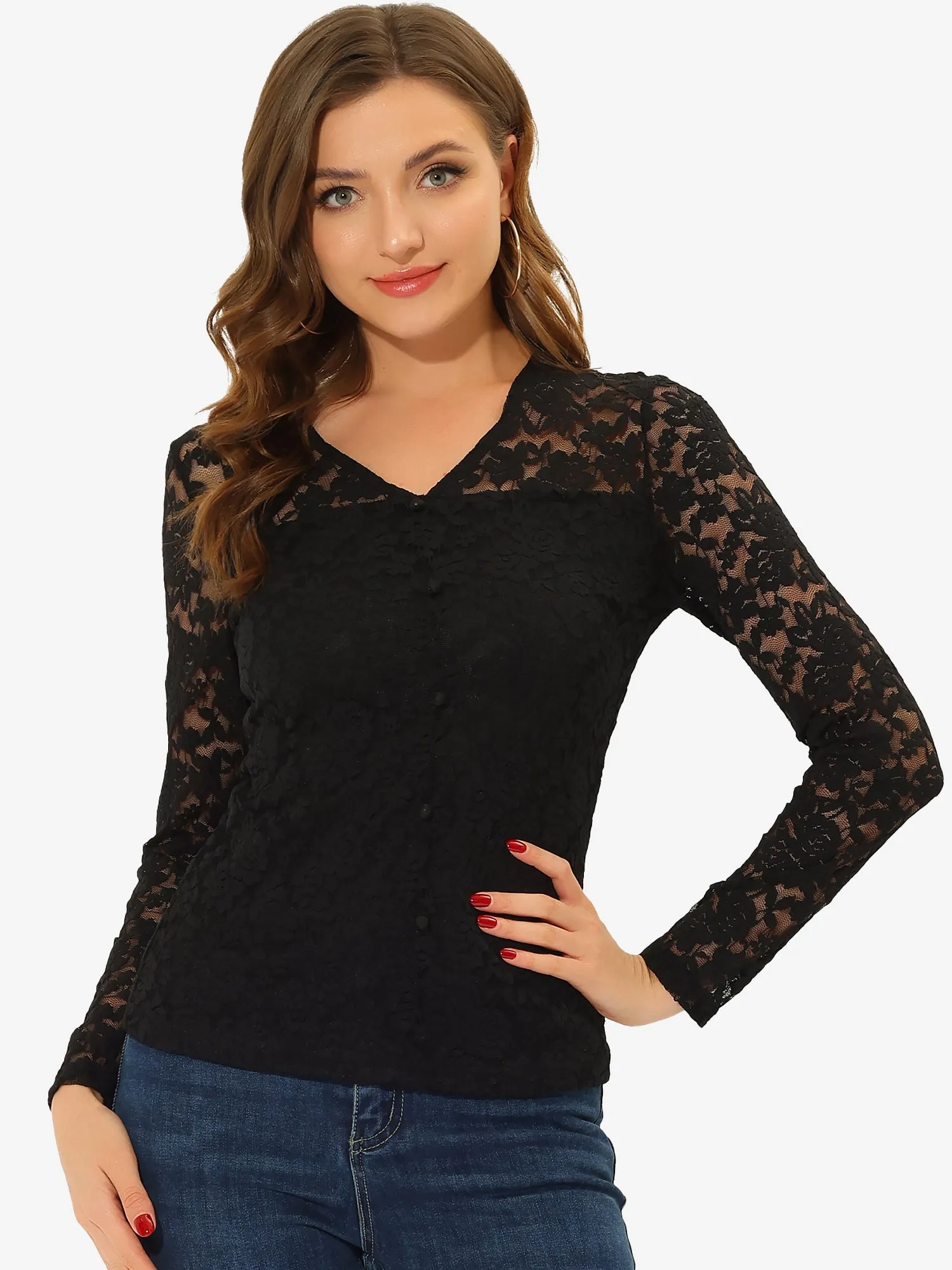 Lace Top V Neck Floral Embroidery Long Sleeve Sheer Blouse sold by Allegra K product image thumbnail 5