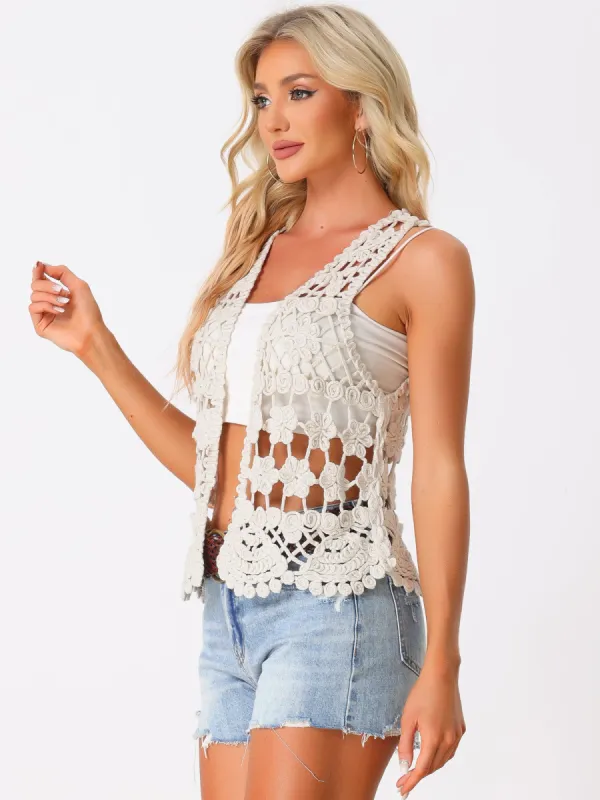 Women's Floral Crochet Sleeveless Open Front Boho Vest Cardigan sold by Allegra K