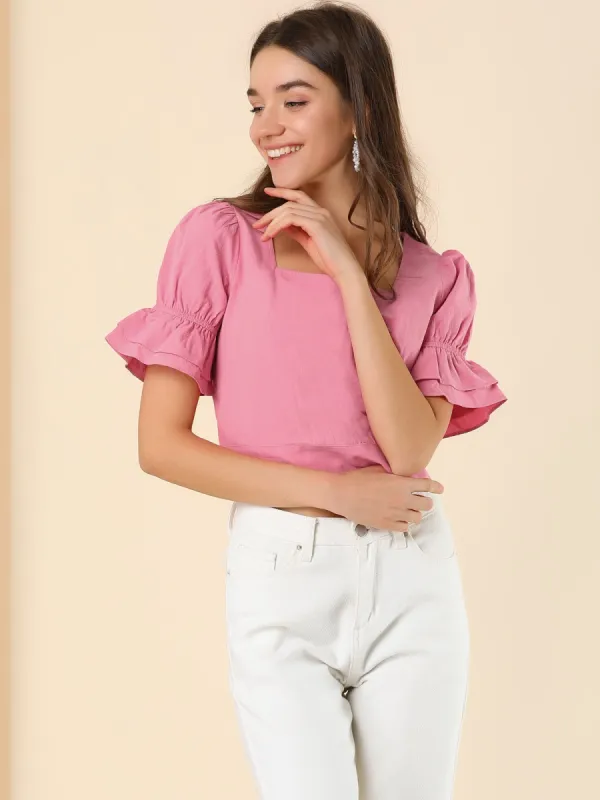 Tie Back Ruffle Puff Short Sleeve Square Neck Cotton Summer Shirt sold by Allegra K