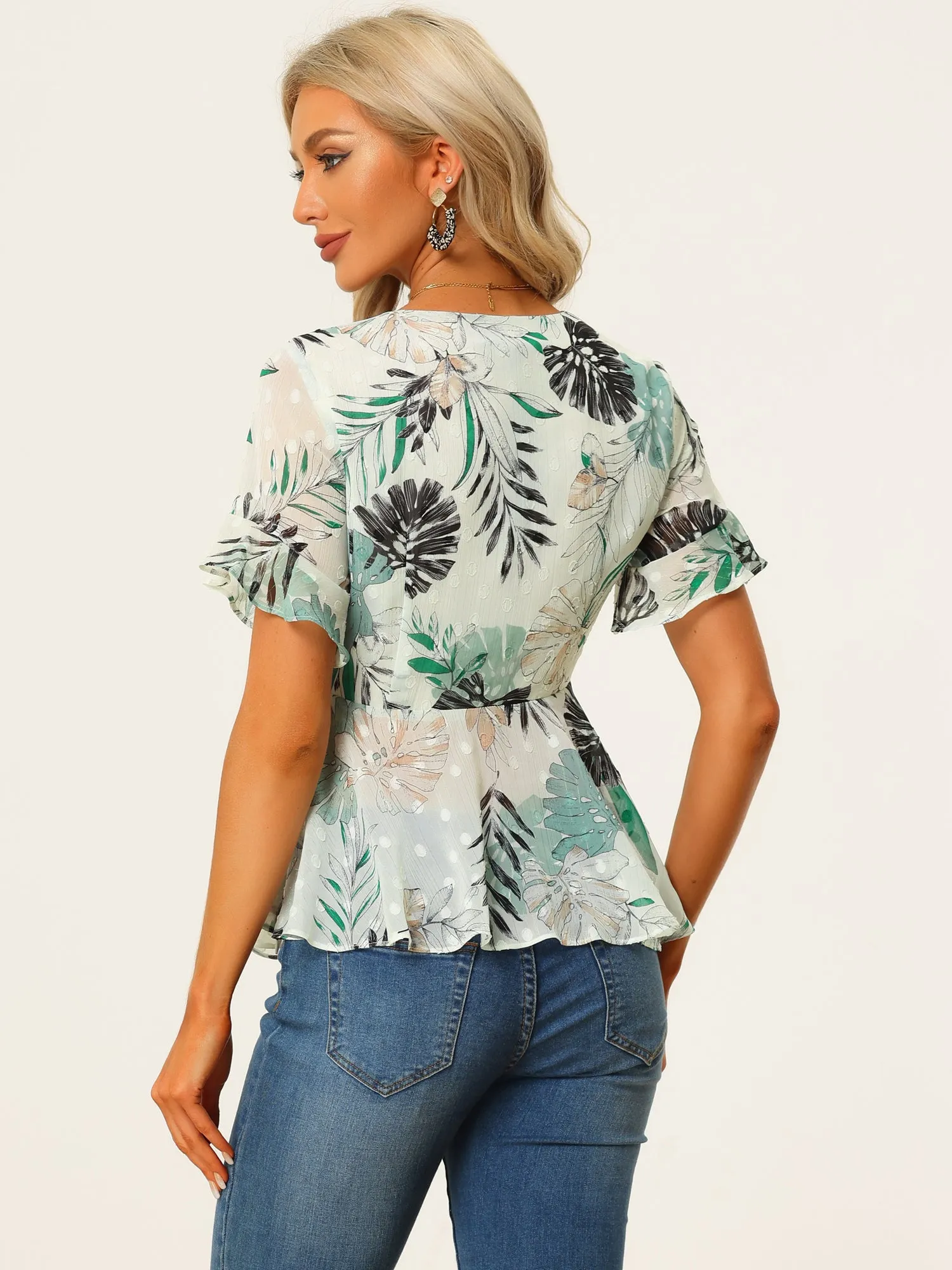 Hawaiian Tropical Print Tie Waist V Neck Short Sleeve Peplum Wrap Top sold by Allegra K product image thumbnail 3