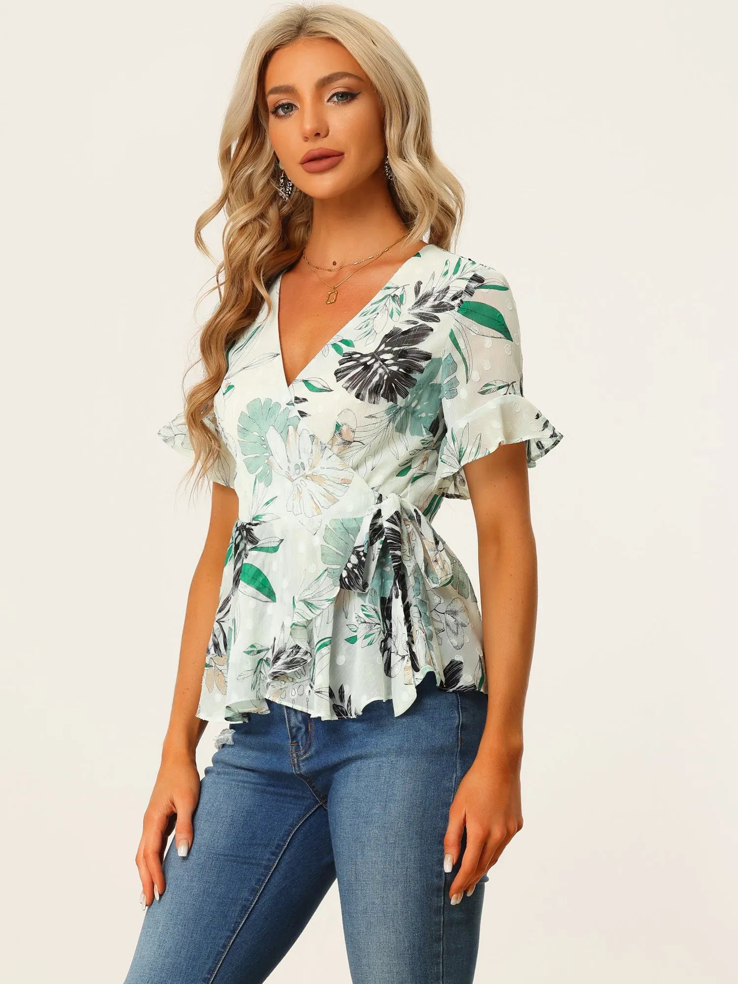Hawaiian Tropical Print Tie Waist V Neck Short Sleeve Peplum Wrap Top sold by Allegra K