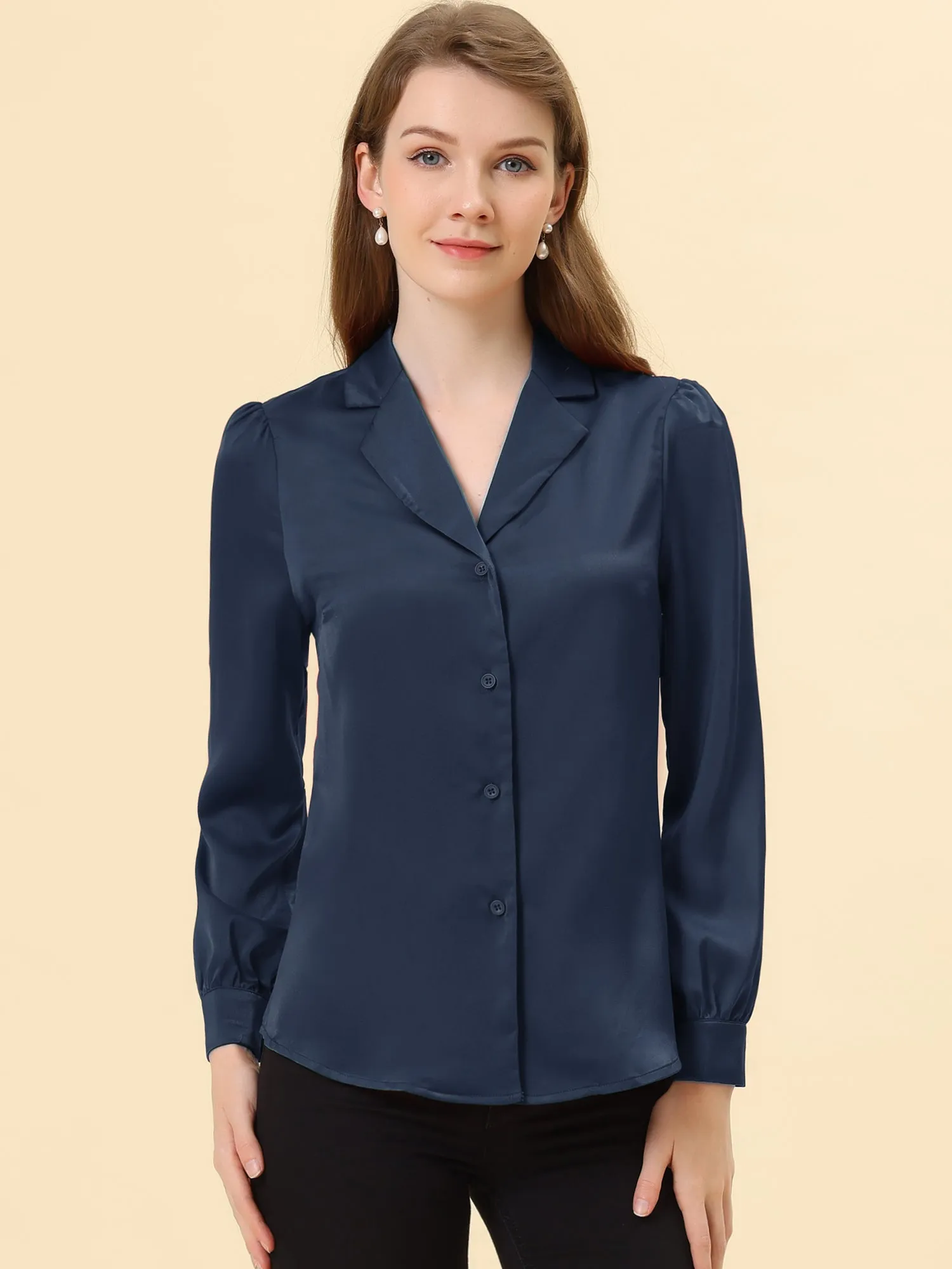 Long Sleeve Work Office Satin Button Down Shirt sold by Allegra K