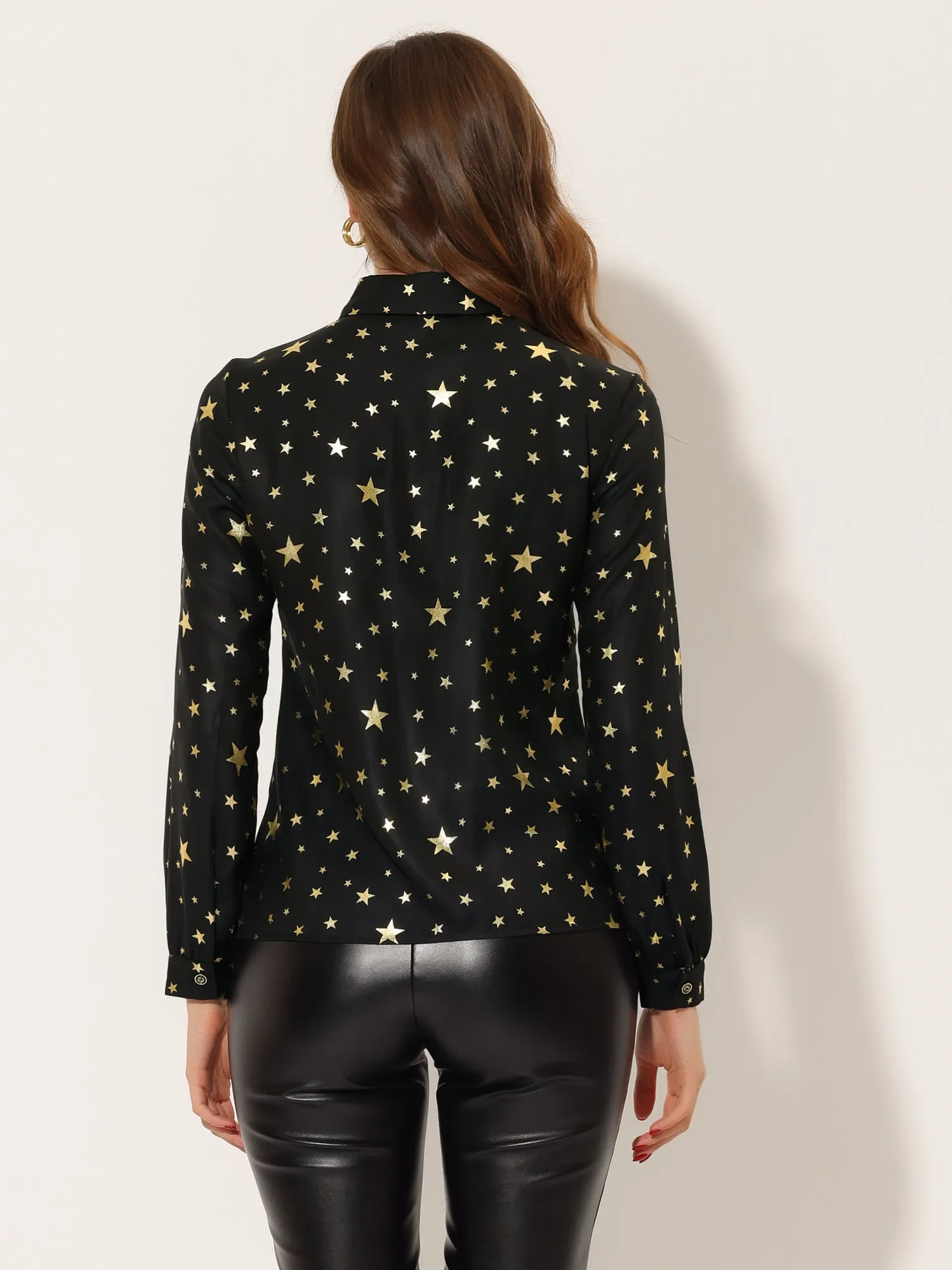 Vintage Shirt Metallic Stars Gilding Shiny Long Sleeve Blouse sold by Allegra K product image thumbnail 3