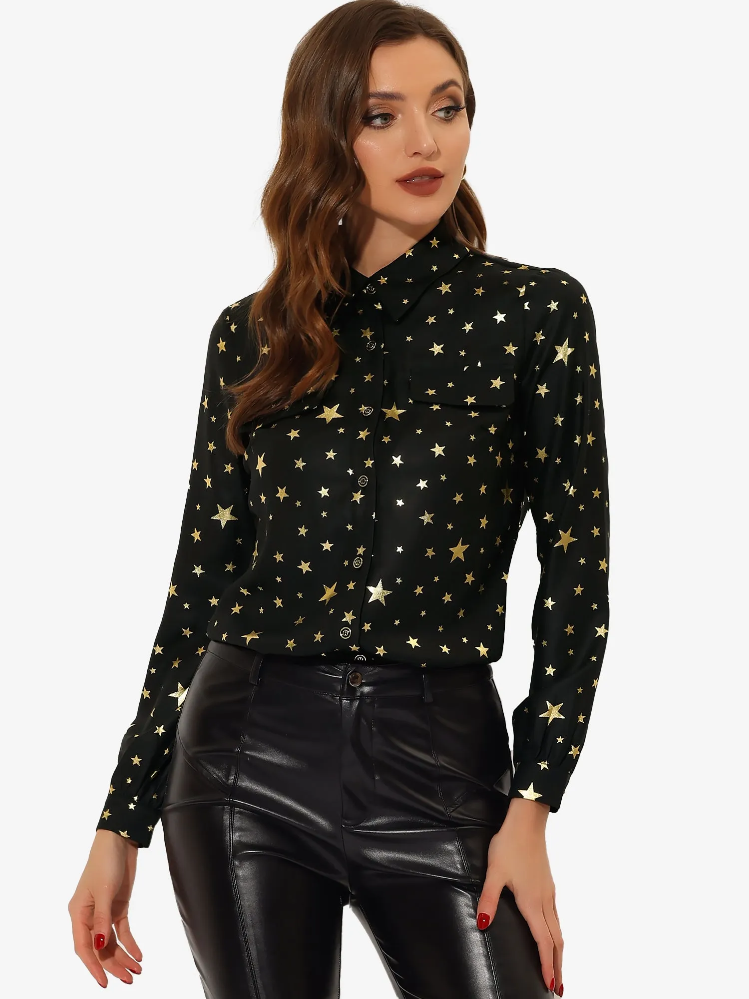 Vintage Shirt Metallic Stars Gilding Shiny Long Sleeve Blouse sold by Allegra K