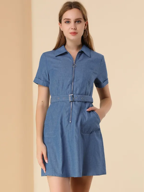 Short Sleeve Zipper Front Belt Cotton Pocket Denim Dress sold by Allegra K