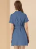 Short Sleeve Zipper Front Belt Cotton Pocket Denim Dress sold by Allegra K
