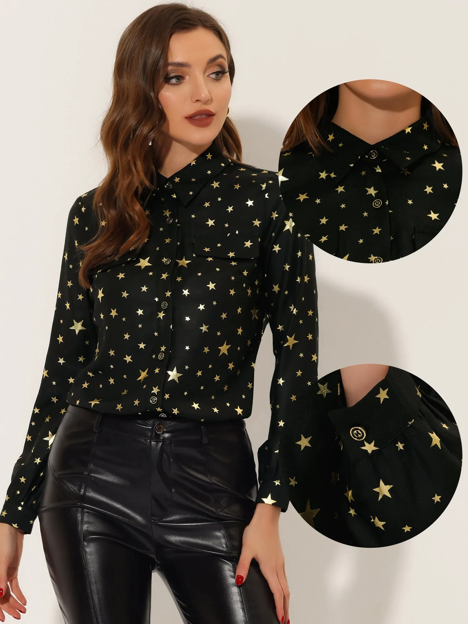 Vintage Shirt Metallic Stars Gilding Shiny Long Sleeve Blouse sold by Allegra K product image thumbnail 2
