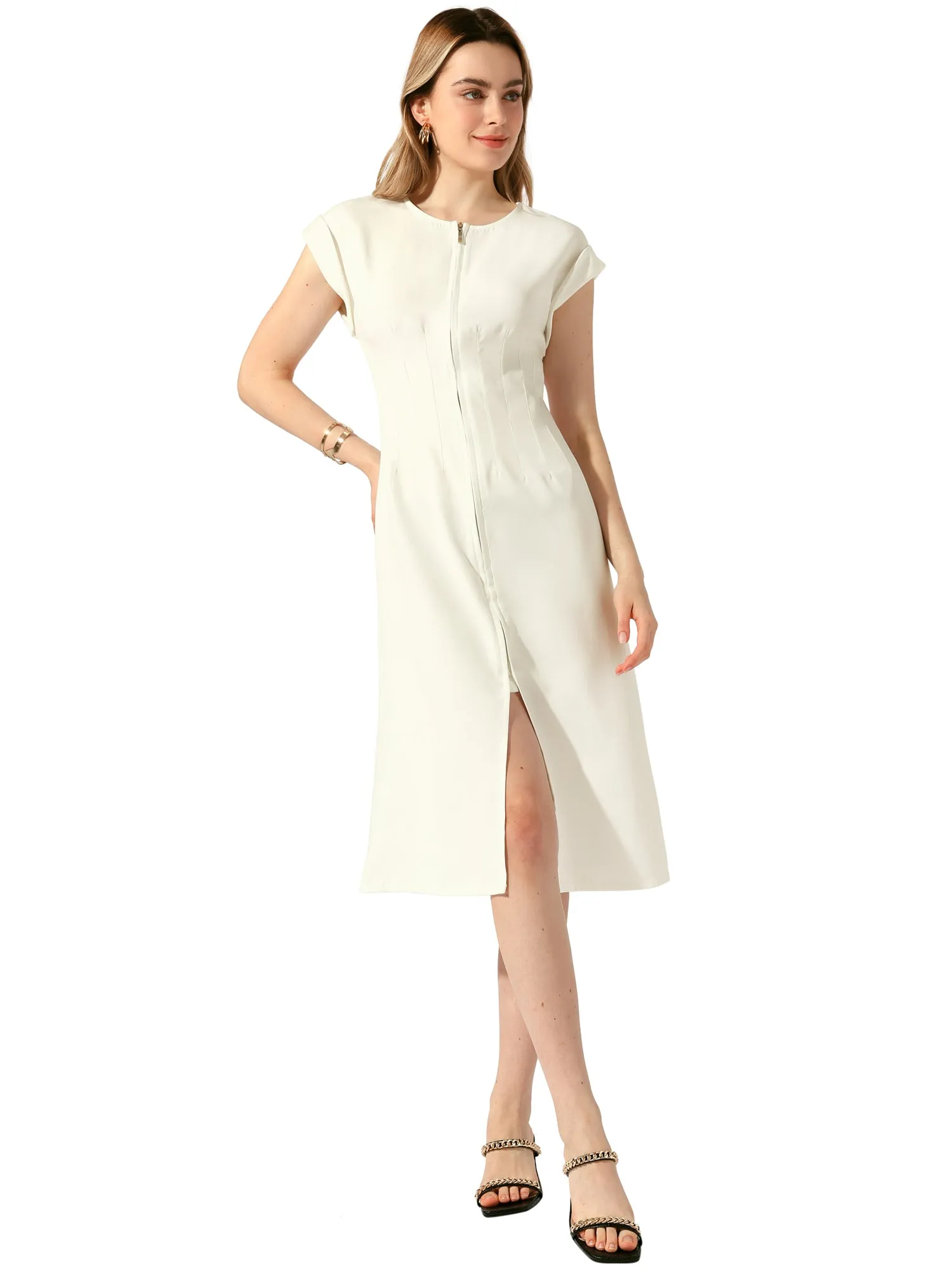 Zipper Front Round Neck Cap Sleeve Front Split Midi Dress sold by Allegra K product image thumbnail 5