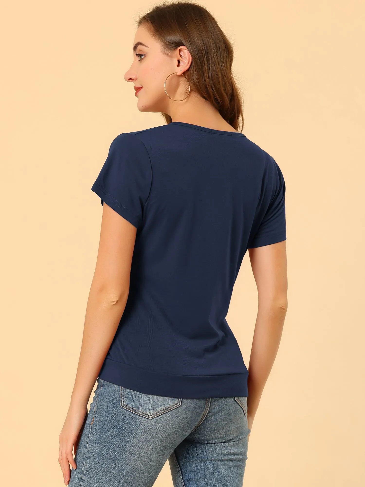 Wrap V Neck Short Sleeve Button Decor Ruched Top sold by Allegra K product image thumbnail 5