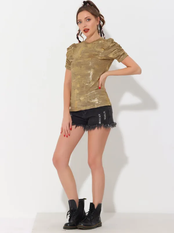 Glitter T-Shirt Round Neck Puff Sleeve Stretch Shiny Party Top made by Allegra K