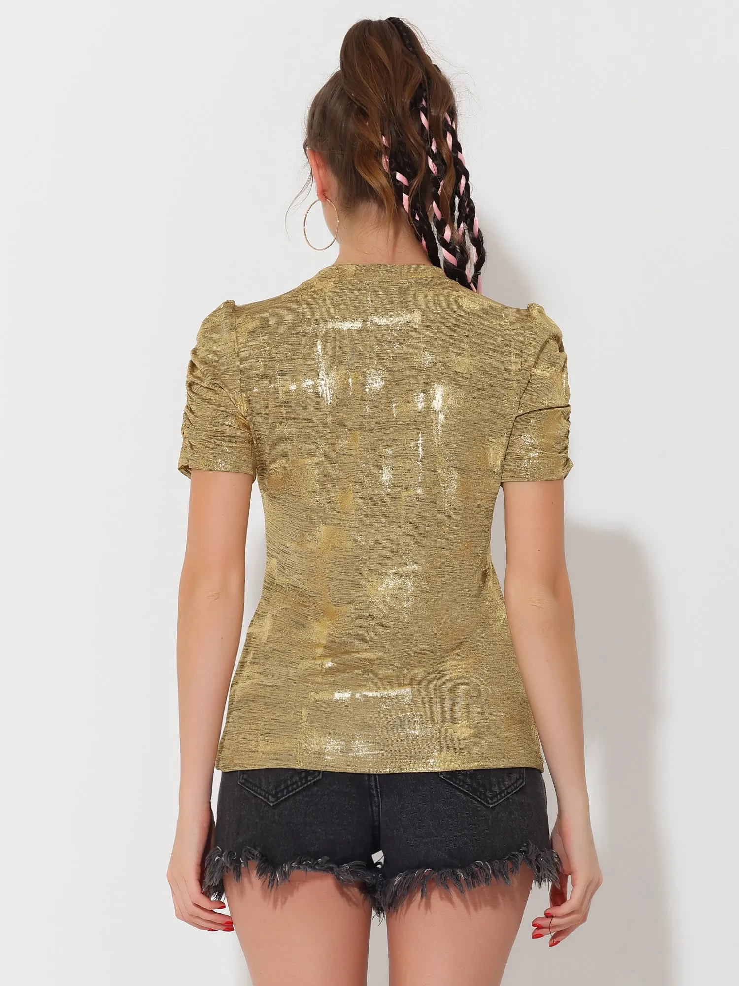 Glitter T-Shirt Round Neck Puff Sleeve Stretch Shiny Party Top sold by Allegra K product image thumbnail 3