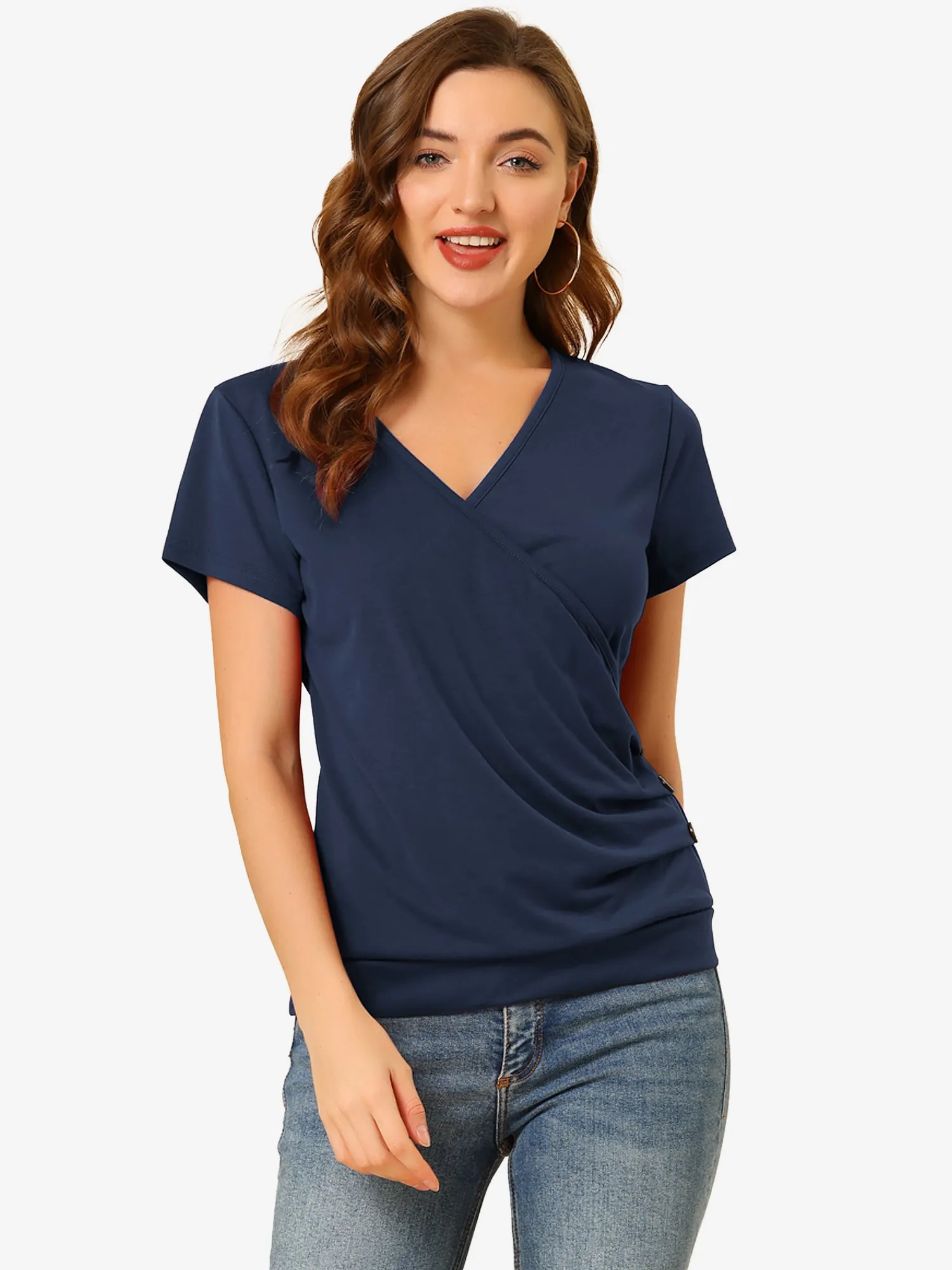 Wrap V Neck Short Sleeve Button Decor Ruched Top sold by Allegra K