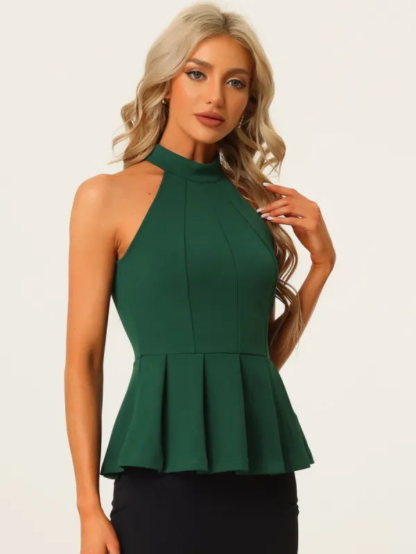 Summer Sleeveless Pleated Halter Neck Peplum Blouse Top sold by Allegra K