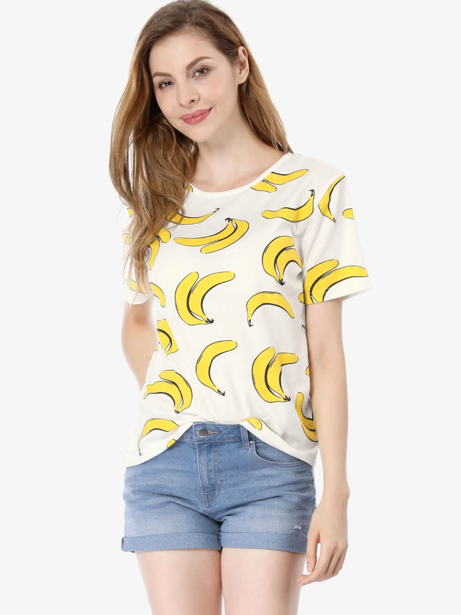 Summer Fruit Print Top Round Neck Short Sleeve Cute T-Shirt sold by Allegra K