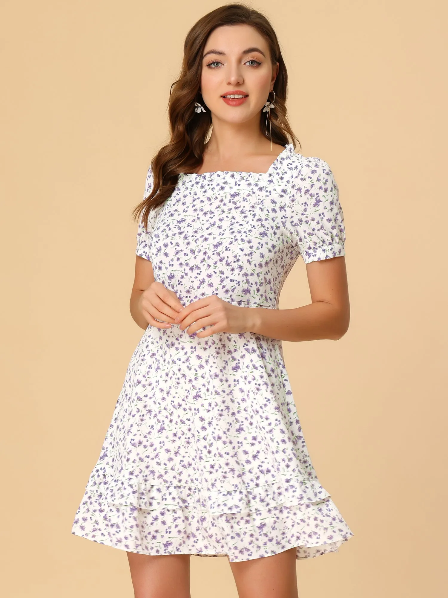 Square Neck Flowy Ruffle Trim A-line Short Sleeve Floral Dress sold by Allegra K product image thumbnail 2