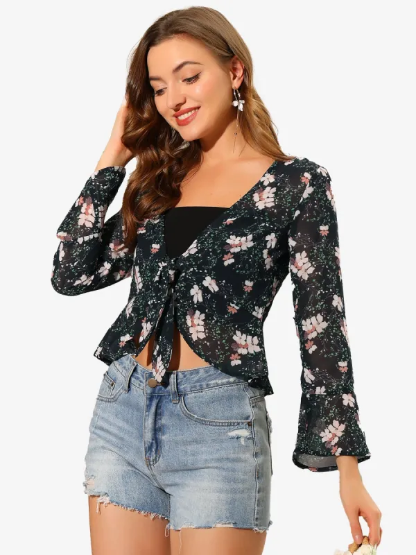 Floral Elegant Semi Sheer Tie Front Bolero Chiffon Shrug Top sold by Allegra K