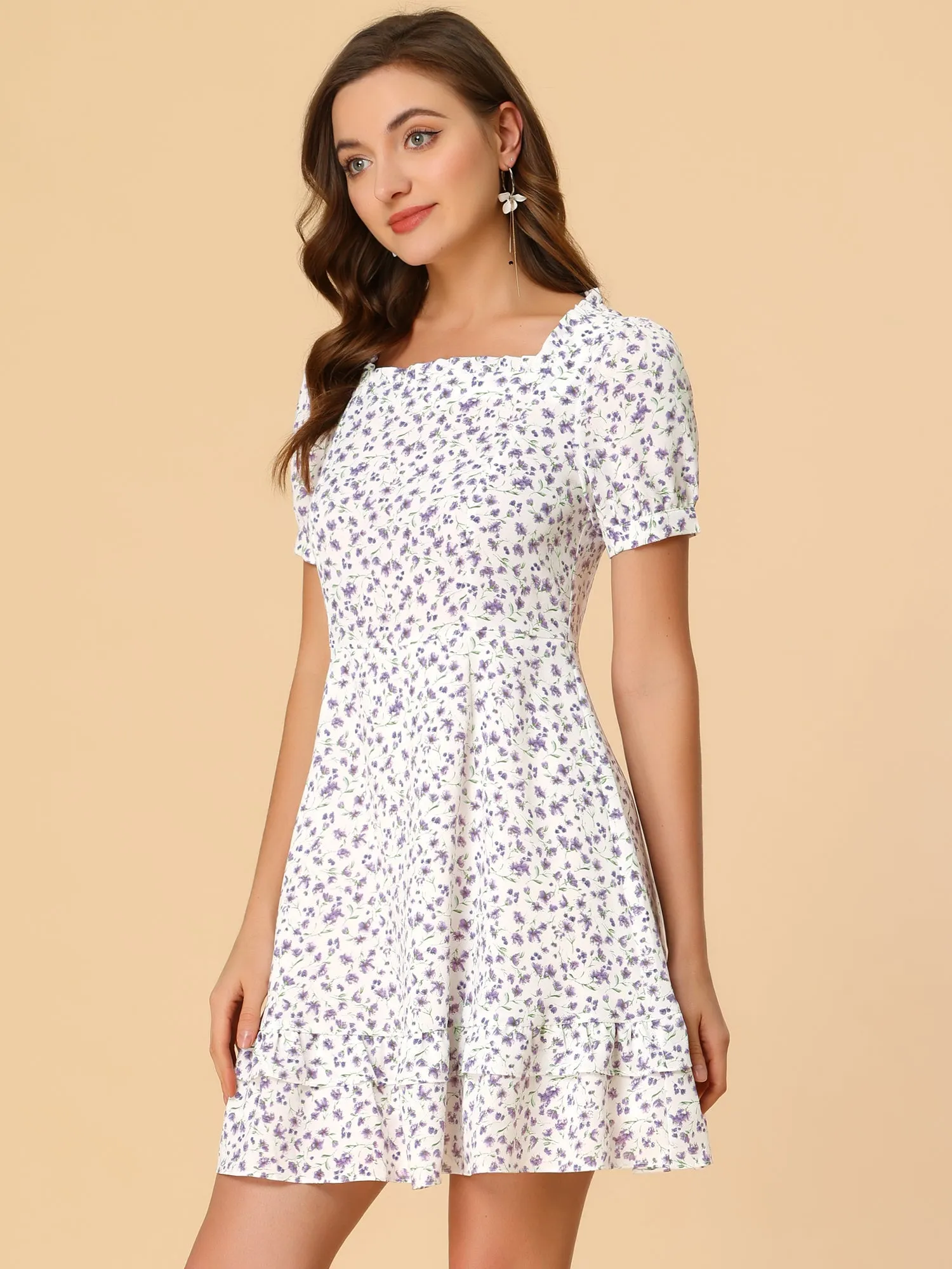 Square Neck Flowy Ruffle Trim A-line Short Sleeve Floral Dress sold by Allegra K product image thumbnail 3