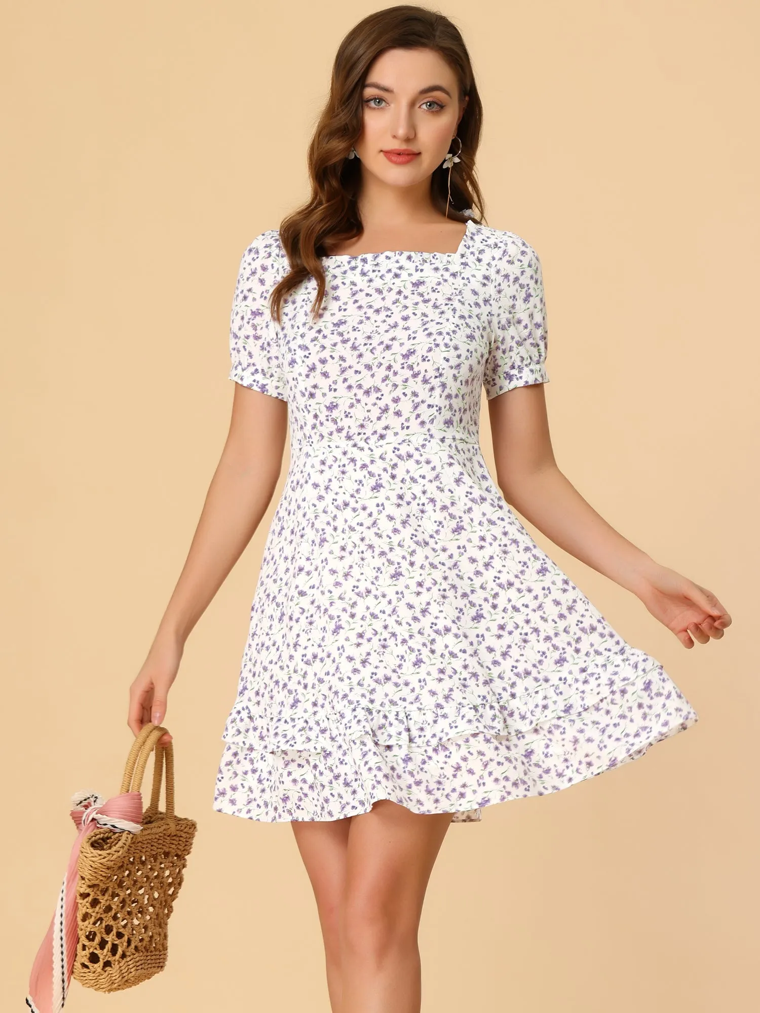 Square Neck Flowy Ruffle Trim A-line Short Sleeve Floral Dress sold by Allegra K