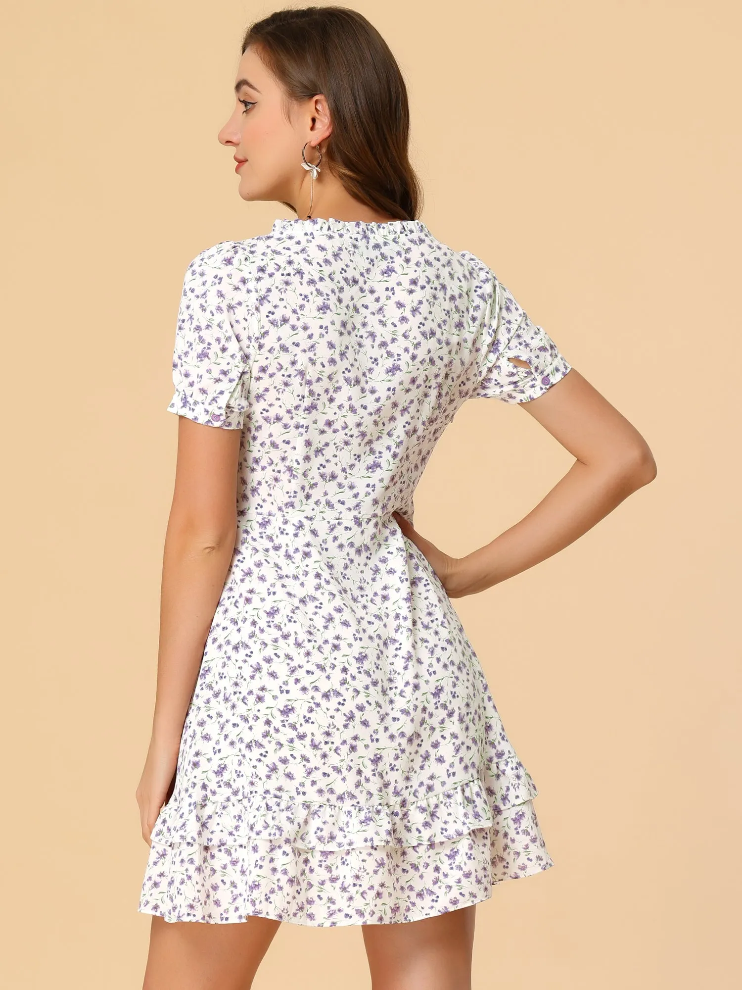 Square Neck Flowy Ruffle Trim A-line Short Sleeve Floral Dress sold by Allegra K product image thumbnail 4