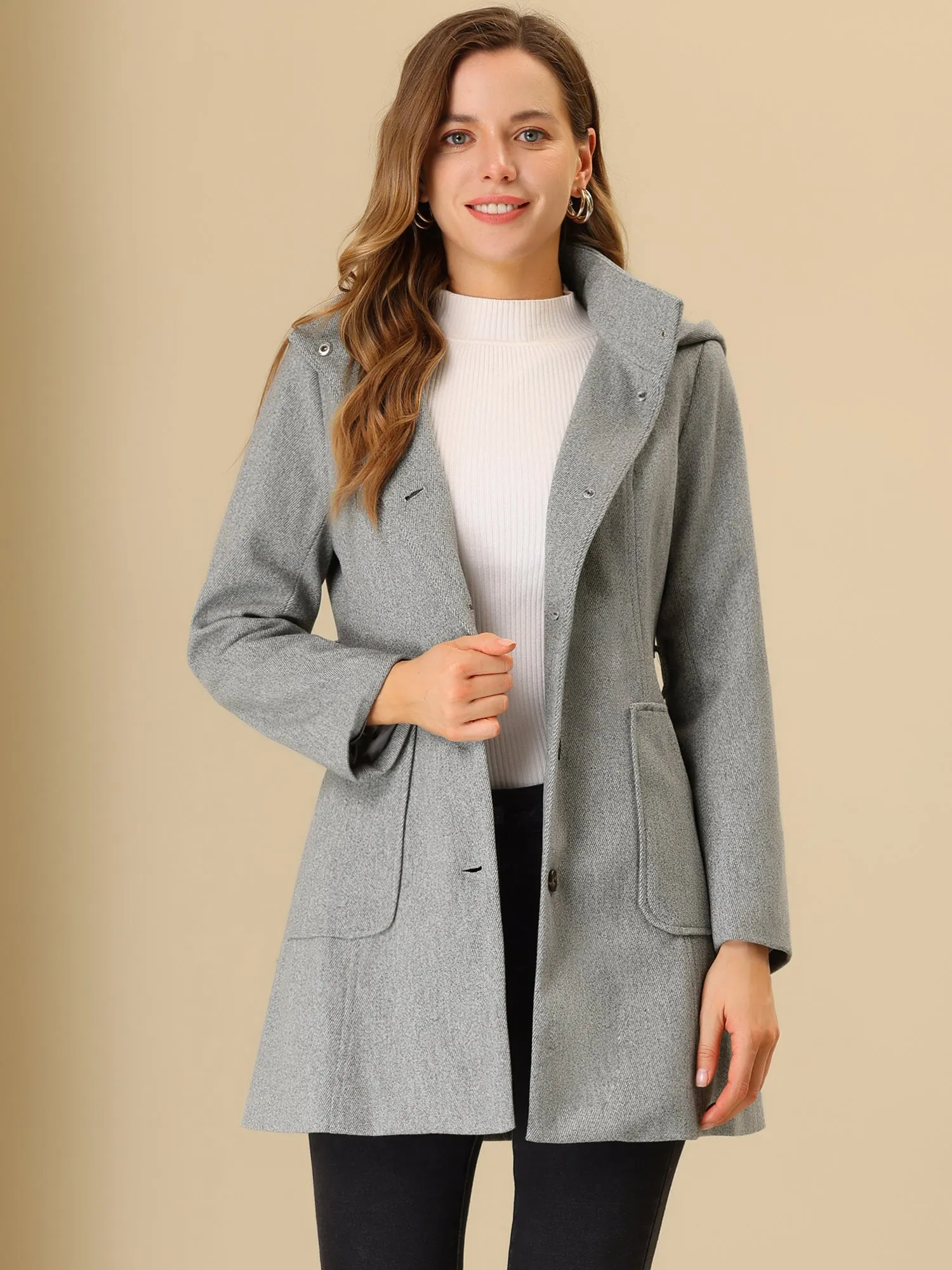 Stand Collar Single Breasted Outwear Detachable Hood Belted Long Coat sold by Allegra K product image thumbnail 2