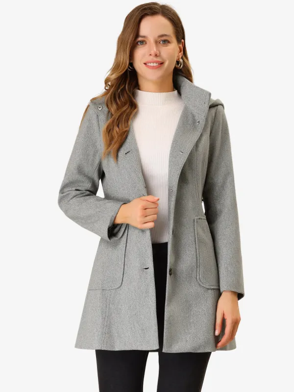 Stand Collar Single Breasted Outwear Detachable Hood Belted Long Coat sold by Allegra K