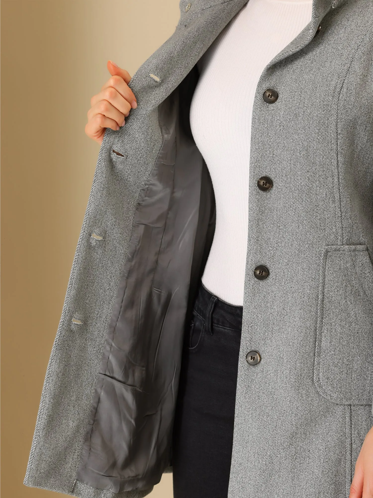 Stand Collar Single Breasted Outwear Detachable Hood Belted Long Coat sold by Allegra K product image thumbnail 5