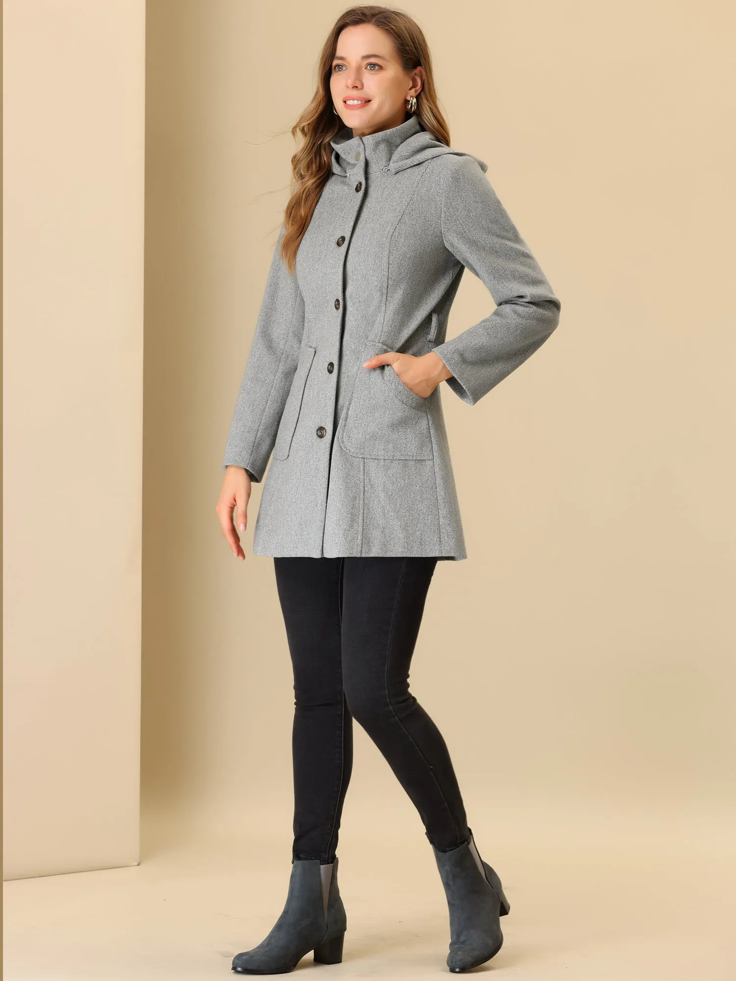 Stand Collar Single Breasted Outwear Detachable Hood Belted Long Coat sold by Allegra K product image thumbnail 3
