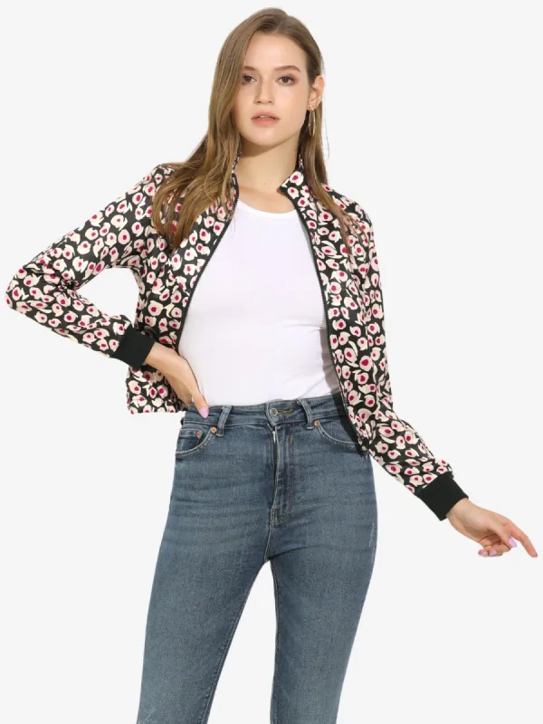 Stand Collar Zip Up Elastic Hem Printed Short Bomber Jacket sold by Allegra K