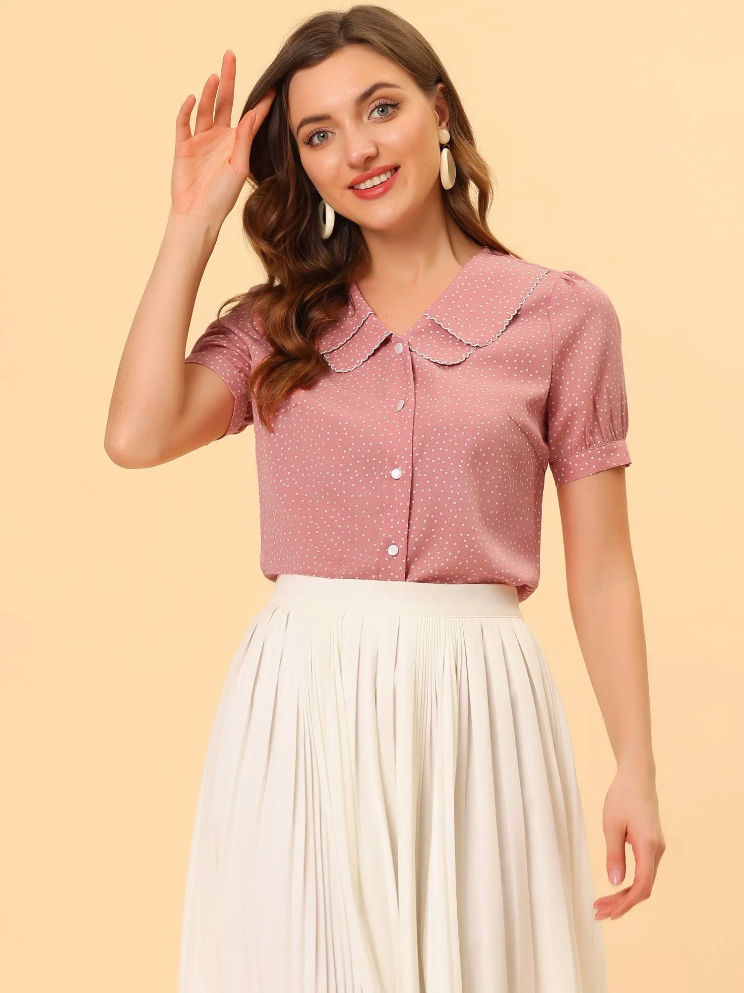 Polka Dot Peter Pan Collar Rockabilly Puff Short Sleeve Shirt sold by Allegra K product image thumbnail 2