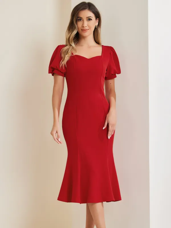Sweetheart Neck Puff Short Sleeve Mermaid Fishtail Midi Dress sold by Allegra K