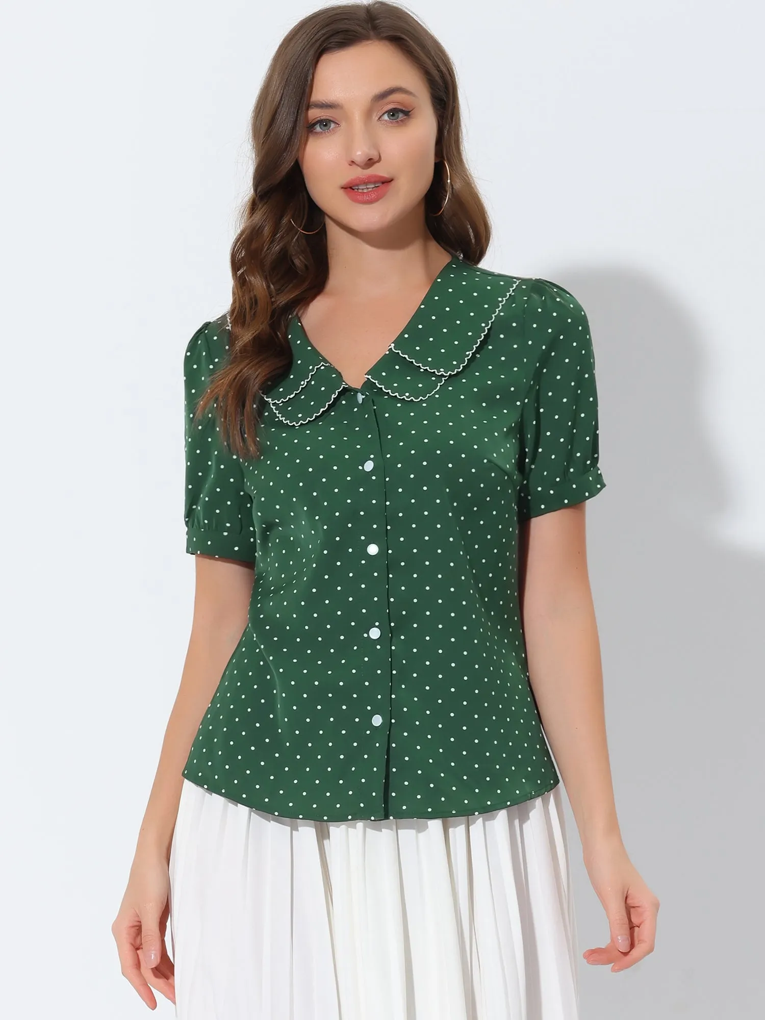 Polka Dot Peter Pan Collar Rockabilly Puff Short Sleeve Shirt sold by Allegra K product image thumbnail 5