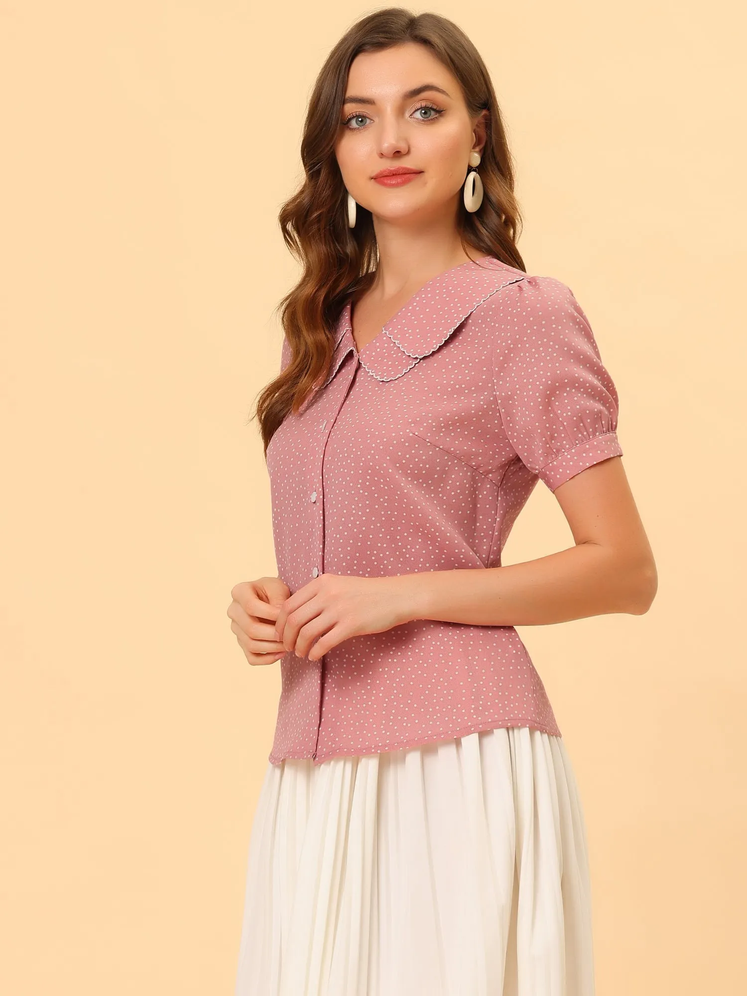 Polka Dot Peter Pan Collar Rockabilly Puff Short Sleeve Shirt sold by Allegra K