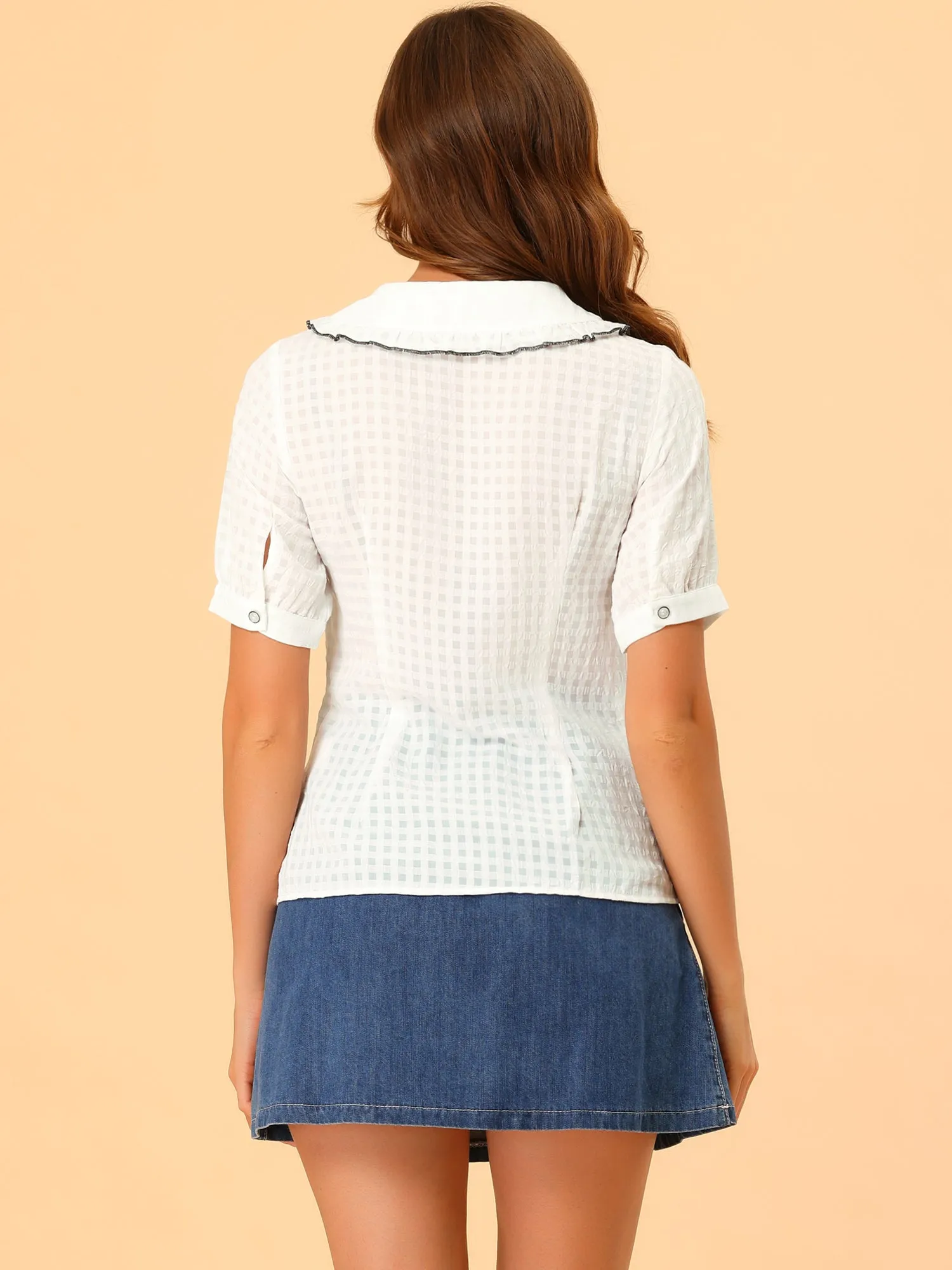 Peter Pan Collar Contrast Color Trim Gingham Button Up Blouse Shirt sold by Allegra K product image thumbnail 5