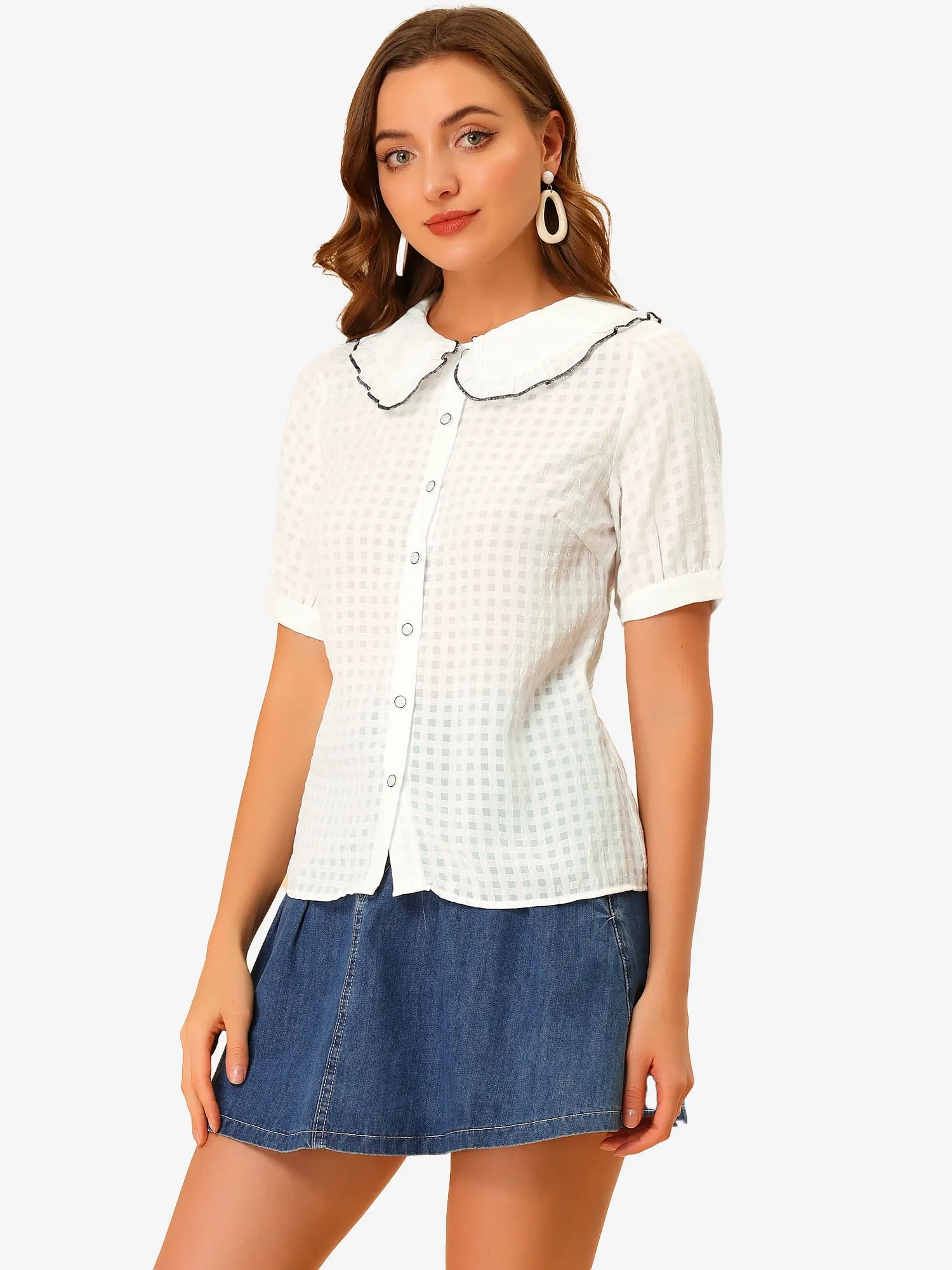 Peter Pan Collar Contrast Color Trim Gingham Button Up Blouse Shirt sold by Allegra K