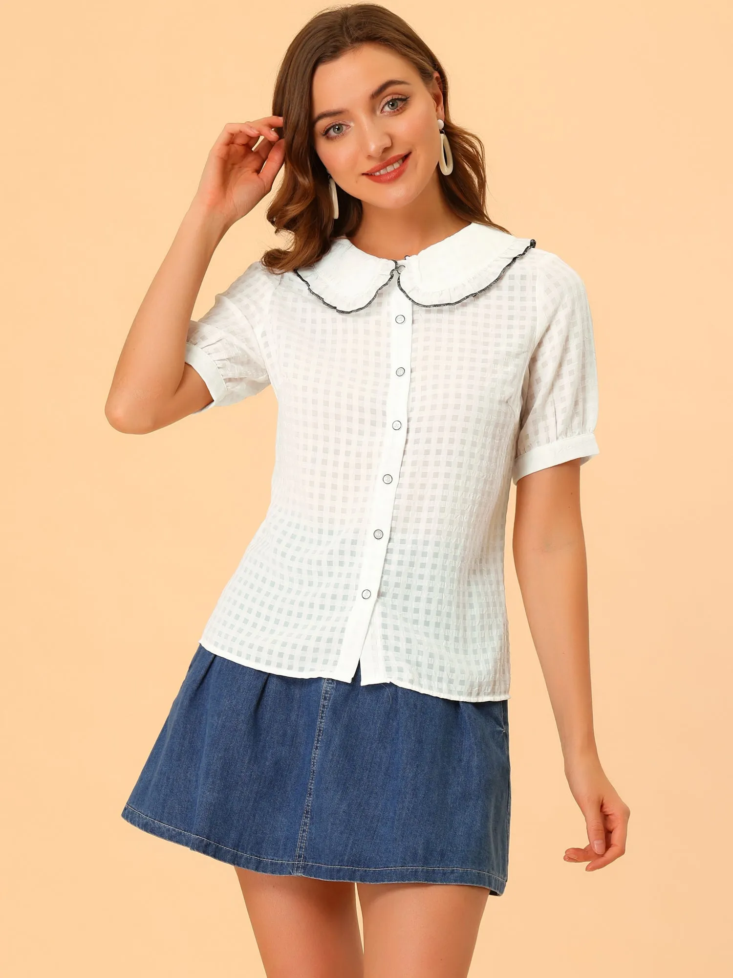 Peter Pan Collar Contrast Color Trim Gingham Button Up Blouse Shirt sold by Allegra K product image thumbnail 3