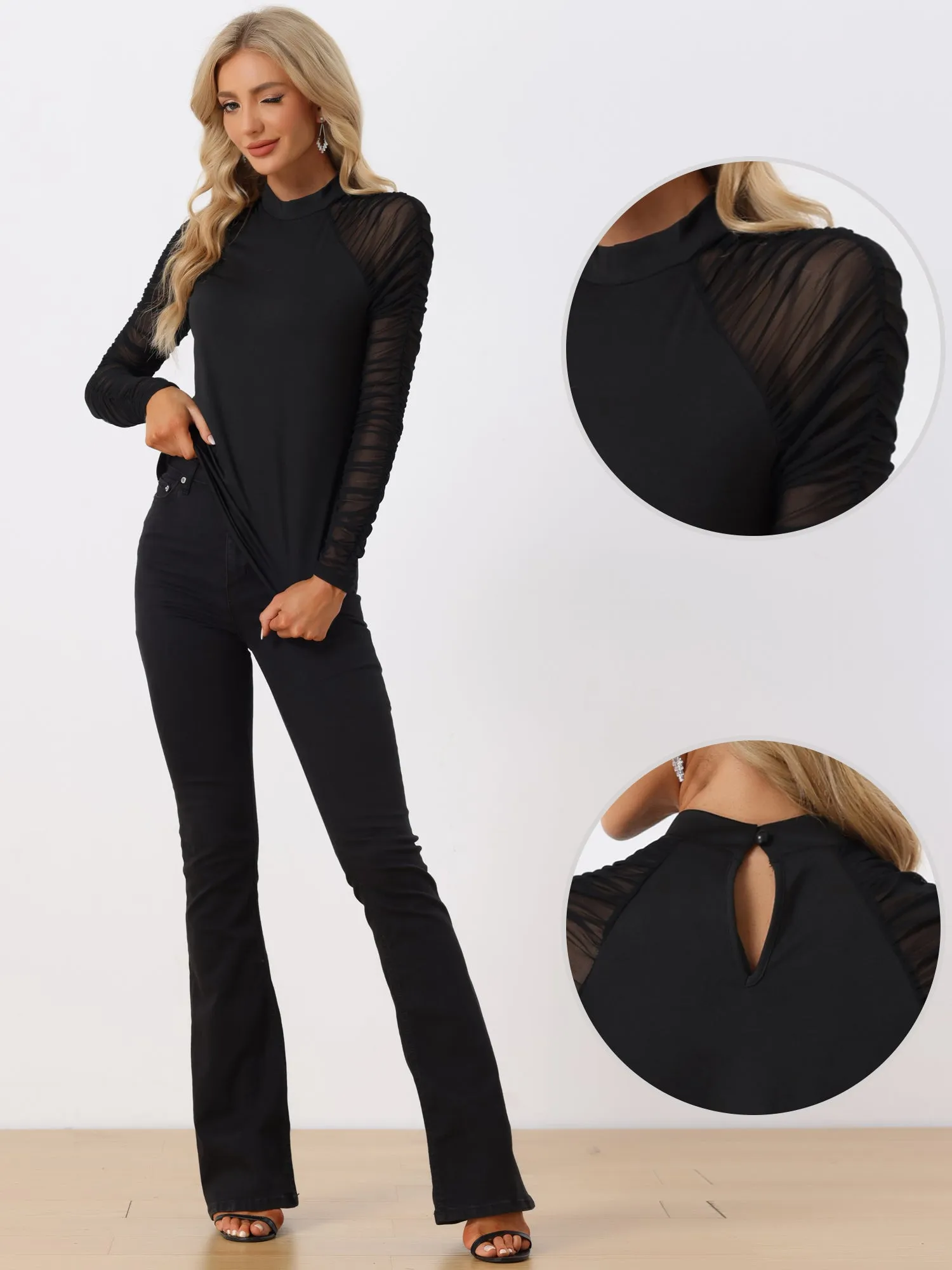 Ruched See Through Long Sleeve Tops Round Neck Button Back sold by Allegra K product image thumbnail 2